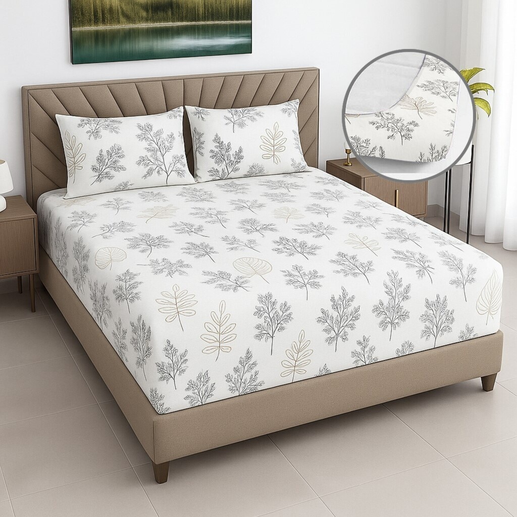 White Floral 400 TC Cotton Fitted Super King Size Bedsheet With 2 Pilllow Covers  Threads