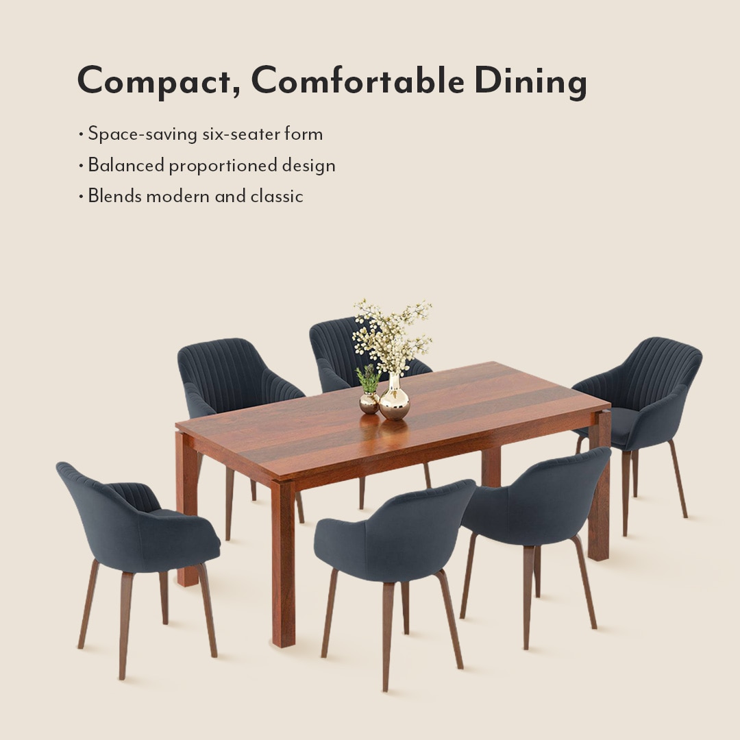 Atlas Solid Wood 6 Seater Compact Dining Table with 6 Rochelle Lounge Chair