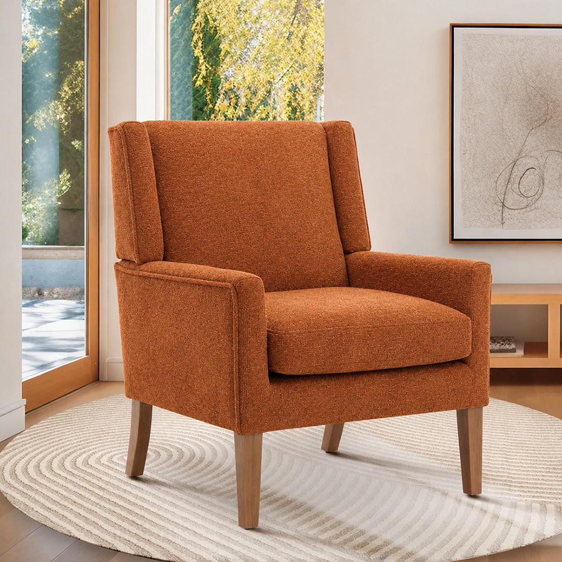 Leston Boucle Fabric Lounge Chair in Orange Colour - KURSIWALLAH