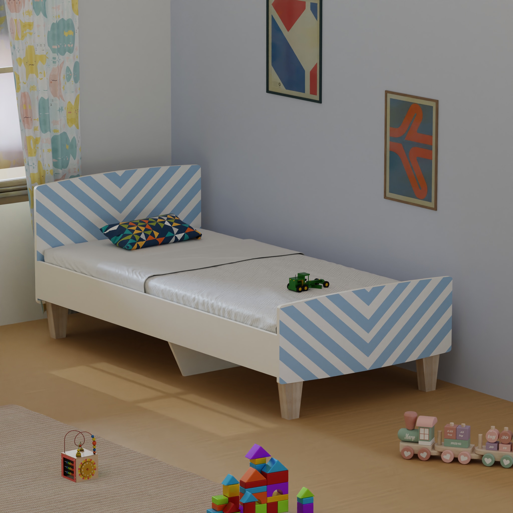Minimalist Kids Single Bed in White and Light Blue Stripes