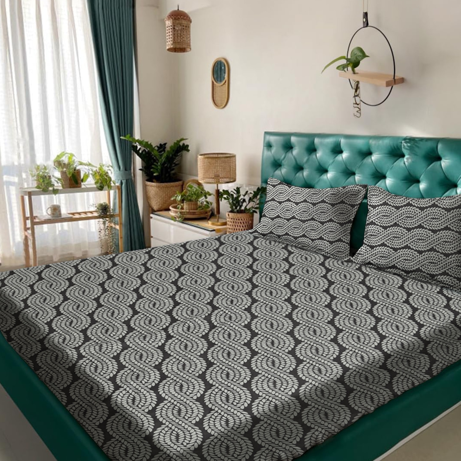 Grey Floral 180 TC Flat 1 Queen  Bedsheet with 2 Pillow Covers