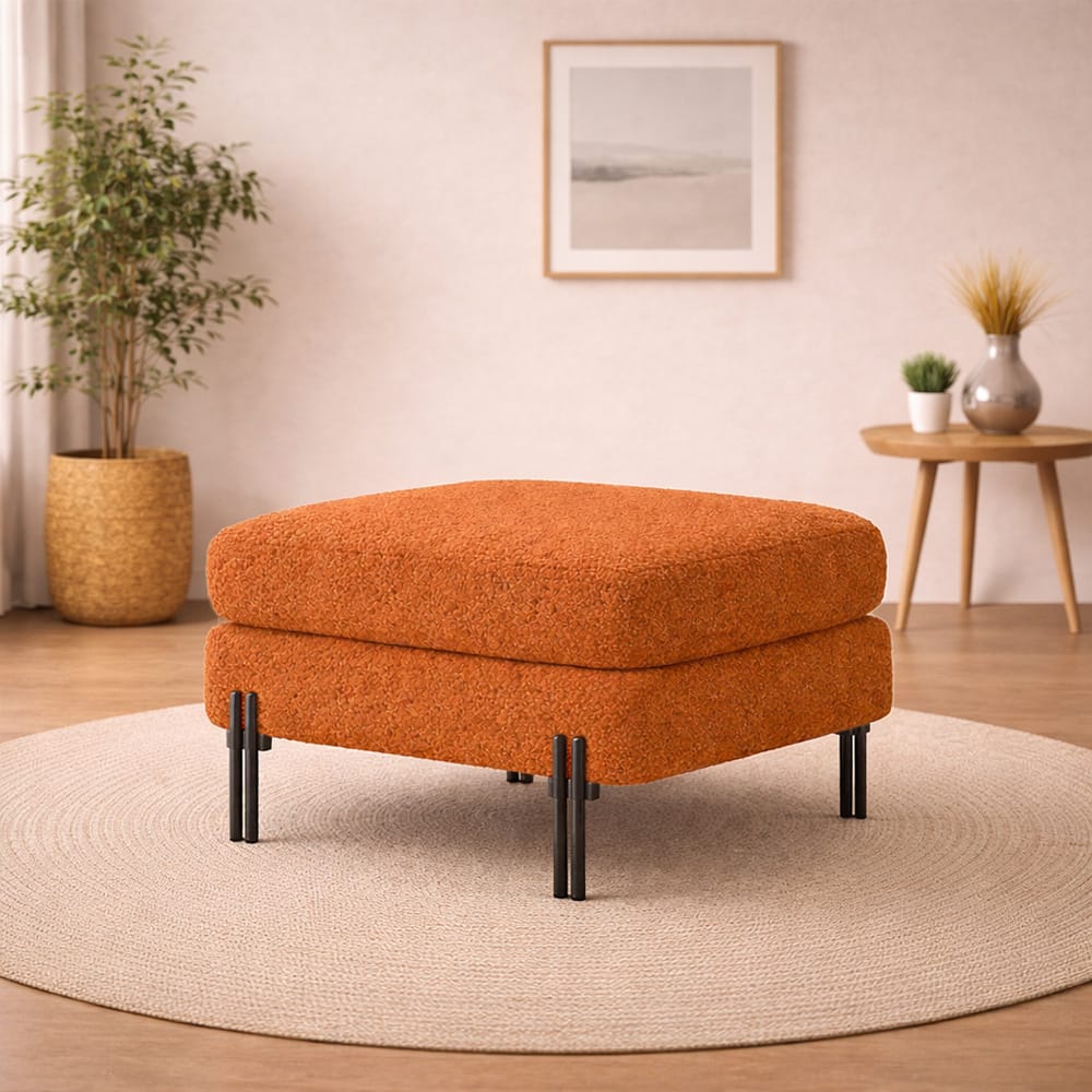 Doe Buck Luxe Boucle Square Ottoman in Rust Colour with Black Metal Legs - Doe Buck