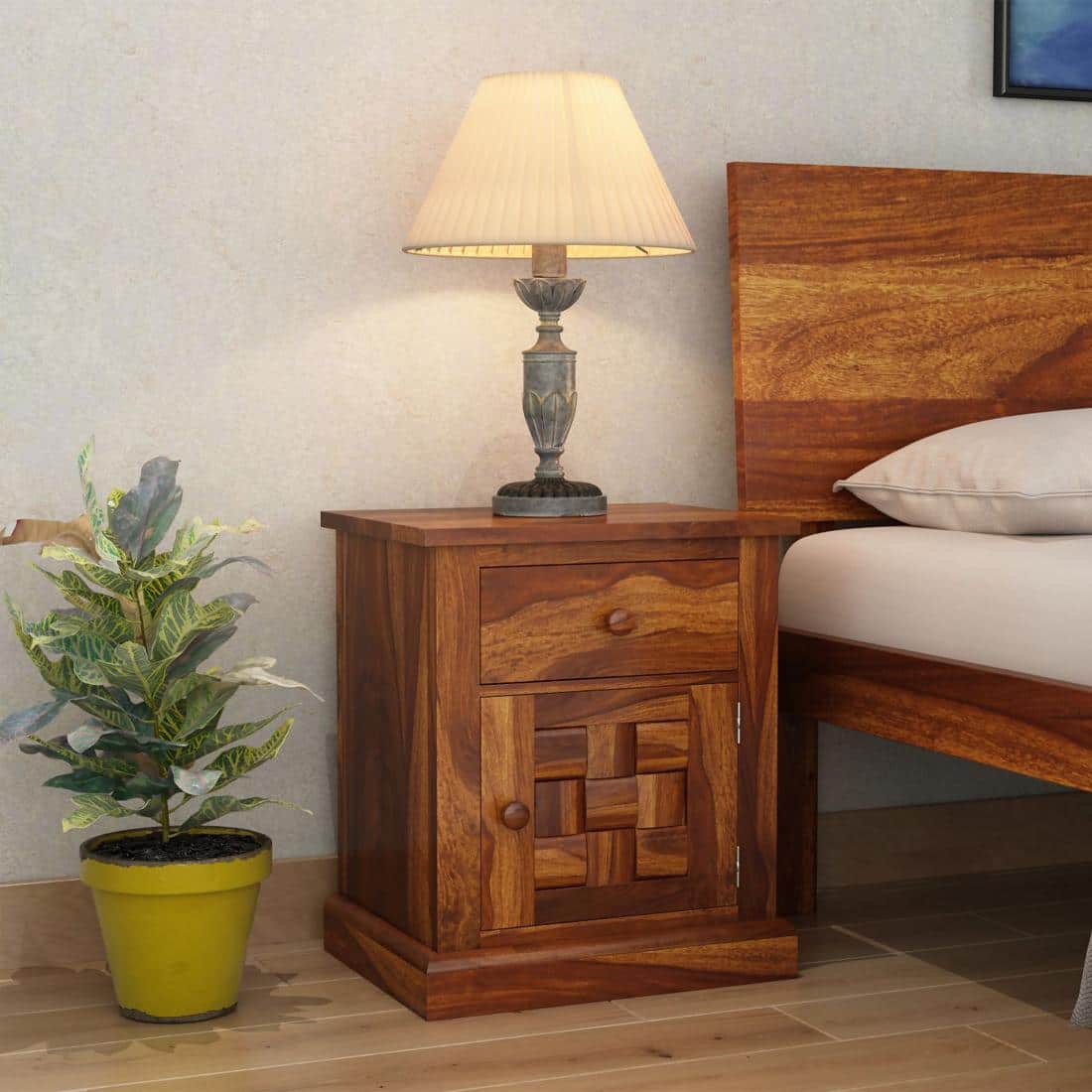 Woodway Solid Wood Bedside Table in Honey Finish