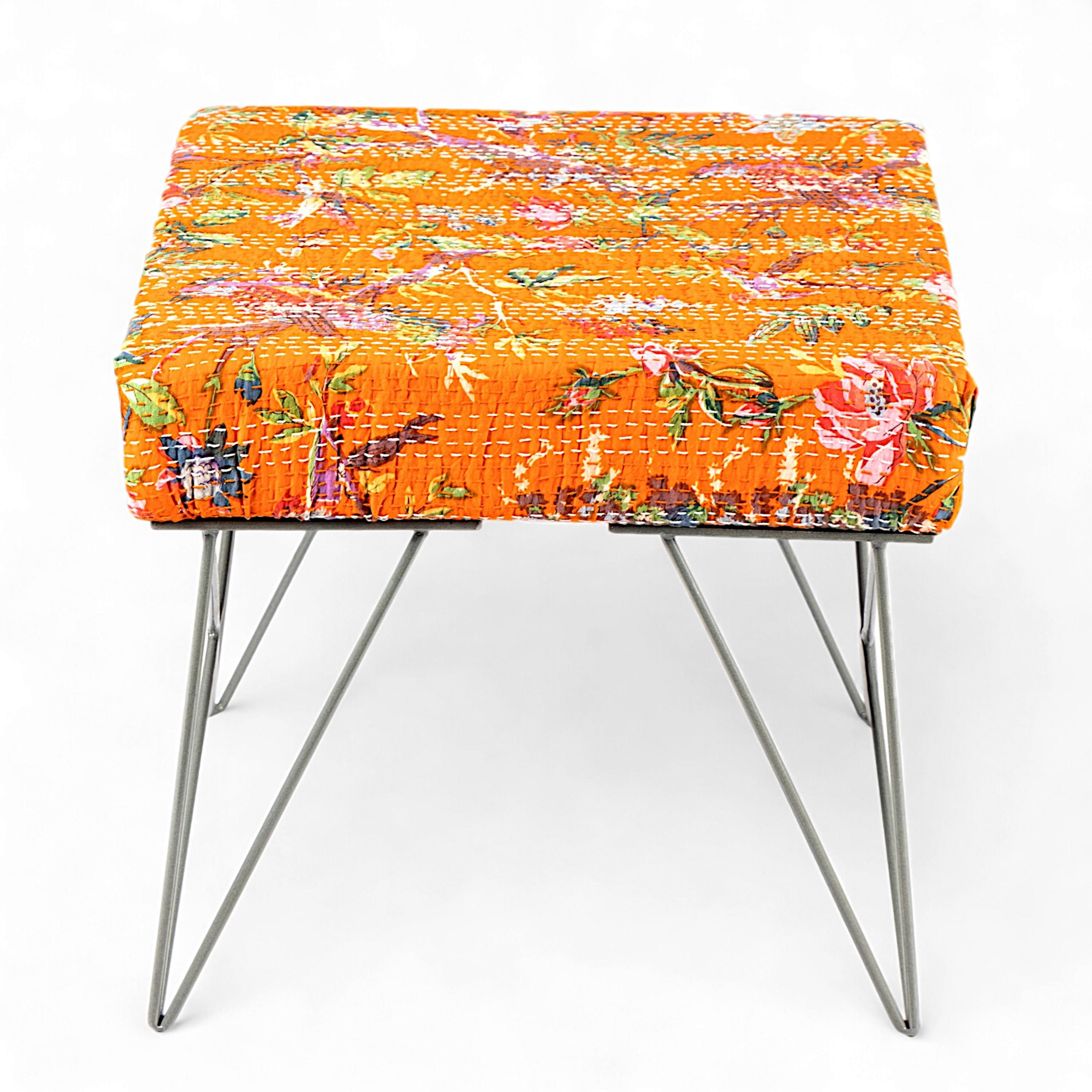 Asansol Sheesham Wood Mid Century Square Stool     in Bird Print Orange Kantha Upholstery