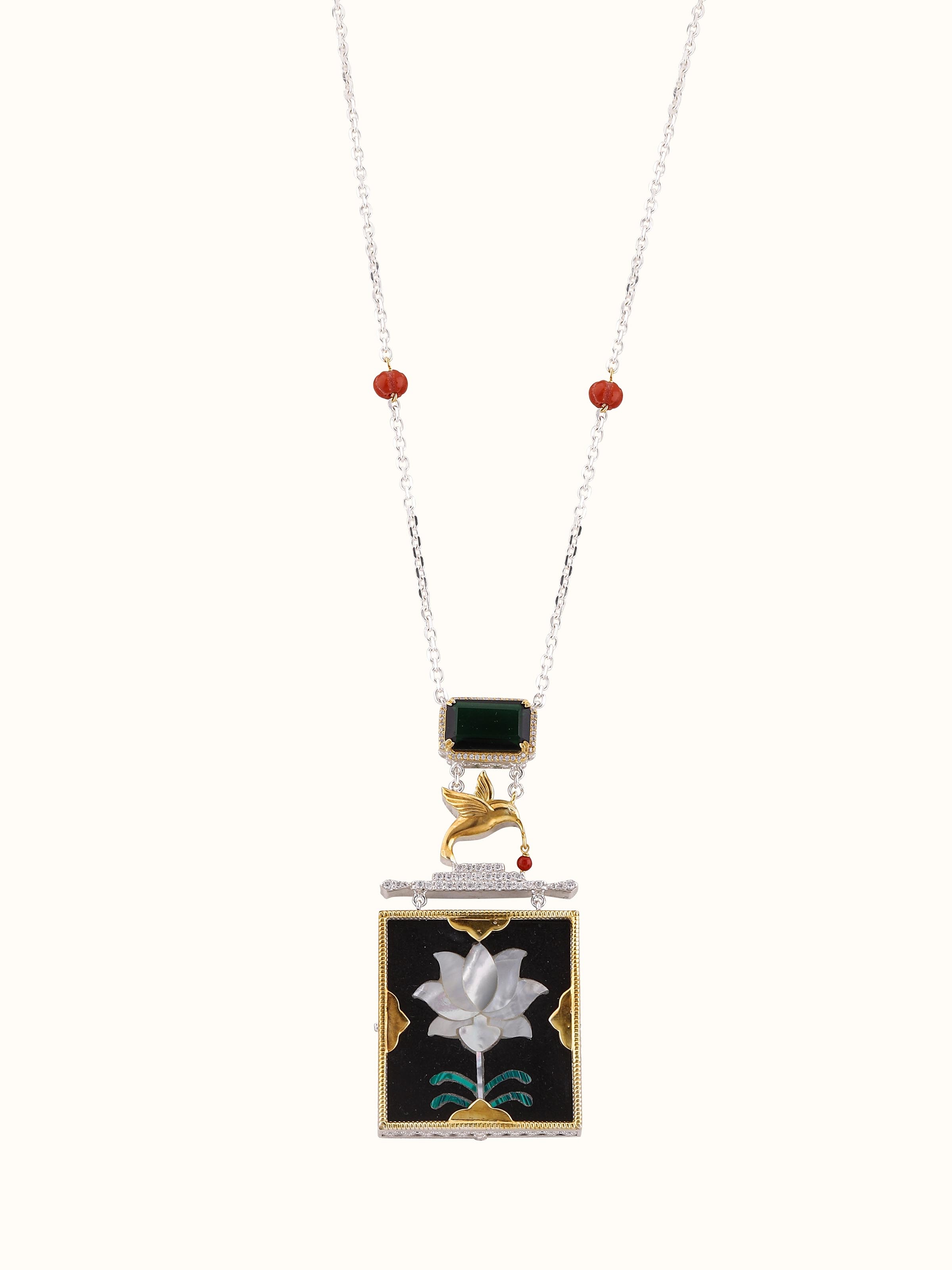 Front view of Parchinkari silver pendant and chain showcasing detailed traditional craftsmanship