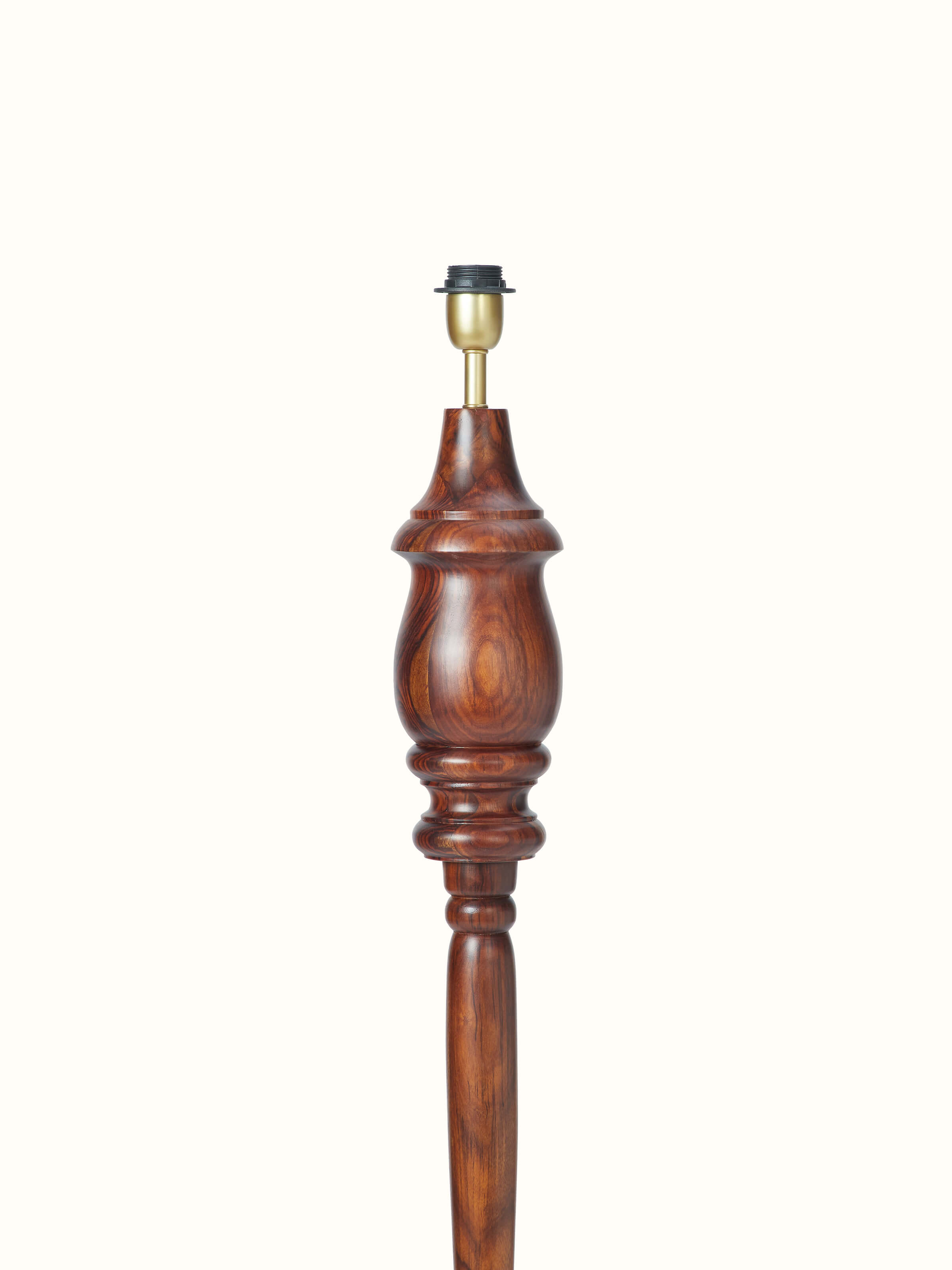 Detailed view of wood & cotton fabric floor lamp, showcasing the fine craftsmanship and design elements