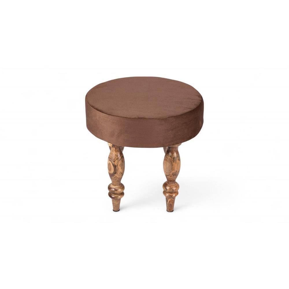 Roswell Sheesham Wood   Round Set of 2 Stools in Taupe Brown Velvet Upholstery