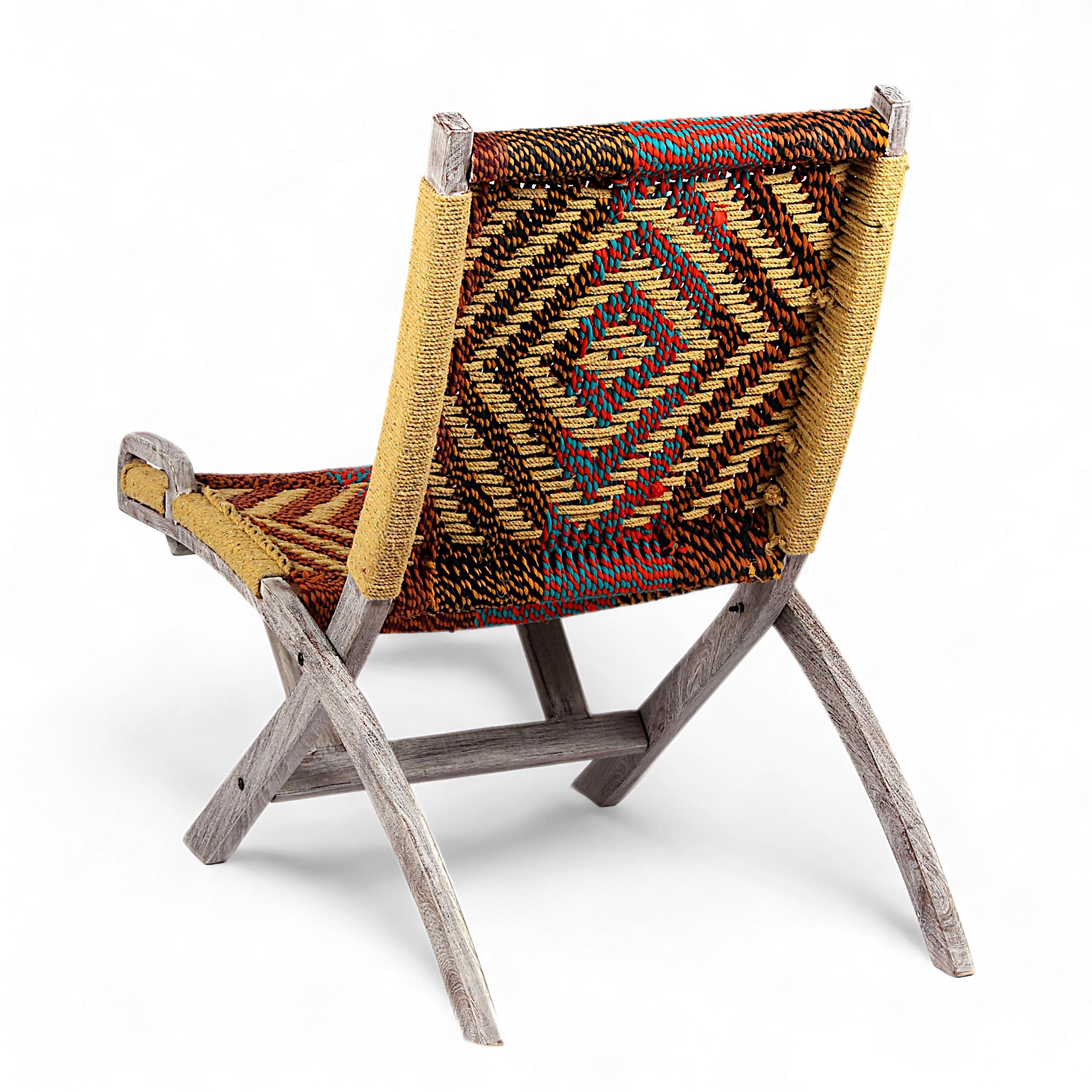 NatWest Sheesham Wood Relaxing Lounge Chair in Assorted Multi-Colour Chindi & Yellow Rope Canning