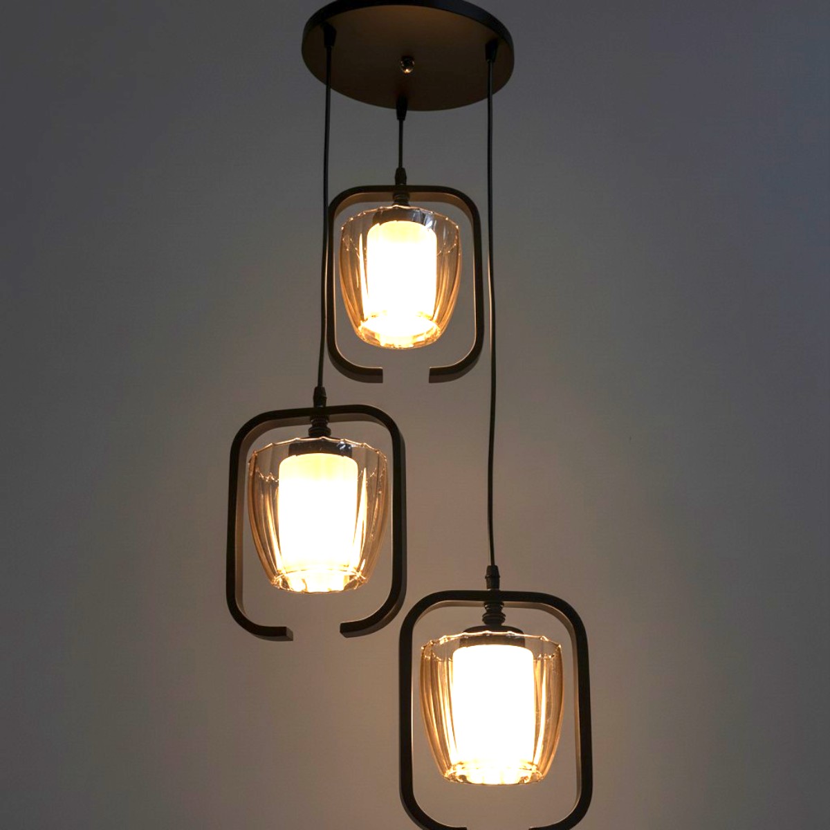 Eliante 3-Light Pendant Hanging Light In Champaign Finish, Mild Steel And Wood With Glass Shade - Eliante