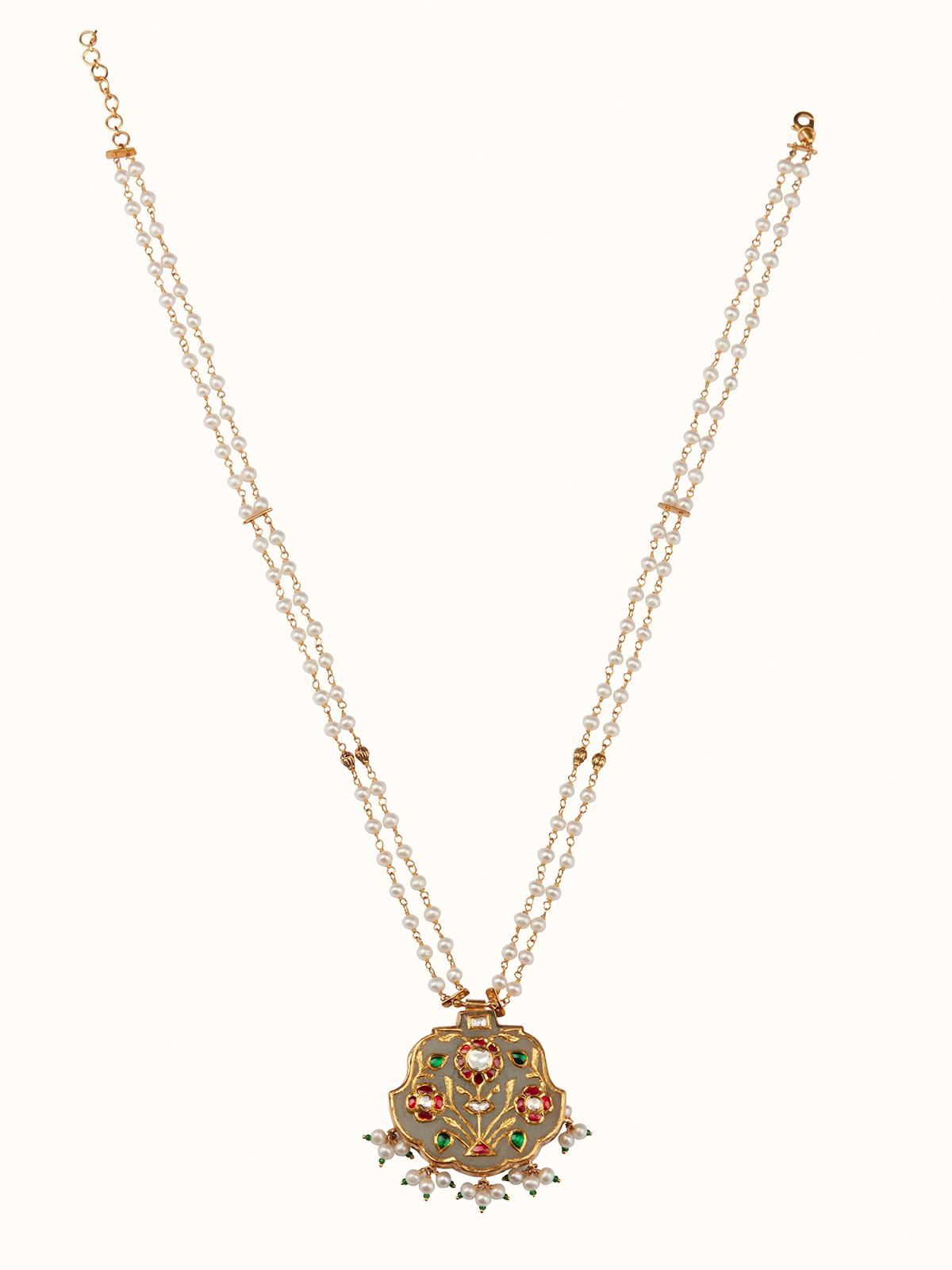 Front view of Stone Inlay 22 Karat Gold Collar Necklace by Swadesh showcasing vibrant inlay stones and smooth gold design