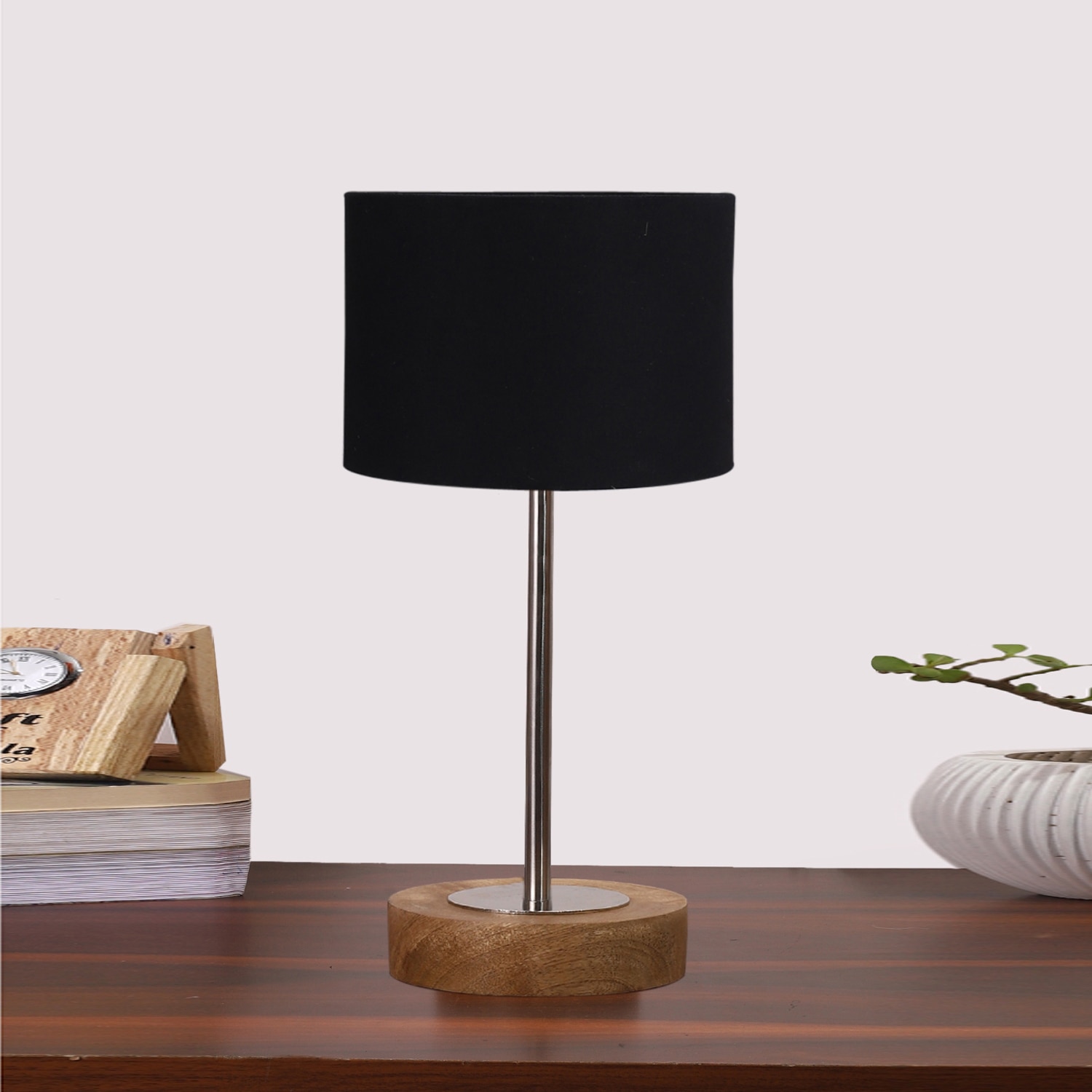 Devansh Black Cotton Table Lamp With  Natural  Wood Base  & Steel Pipe (7X17 Inches)-3