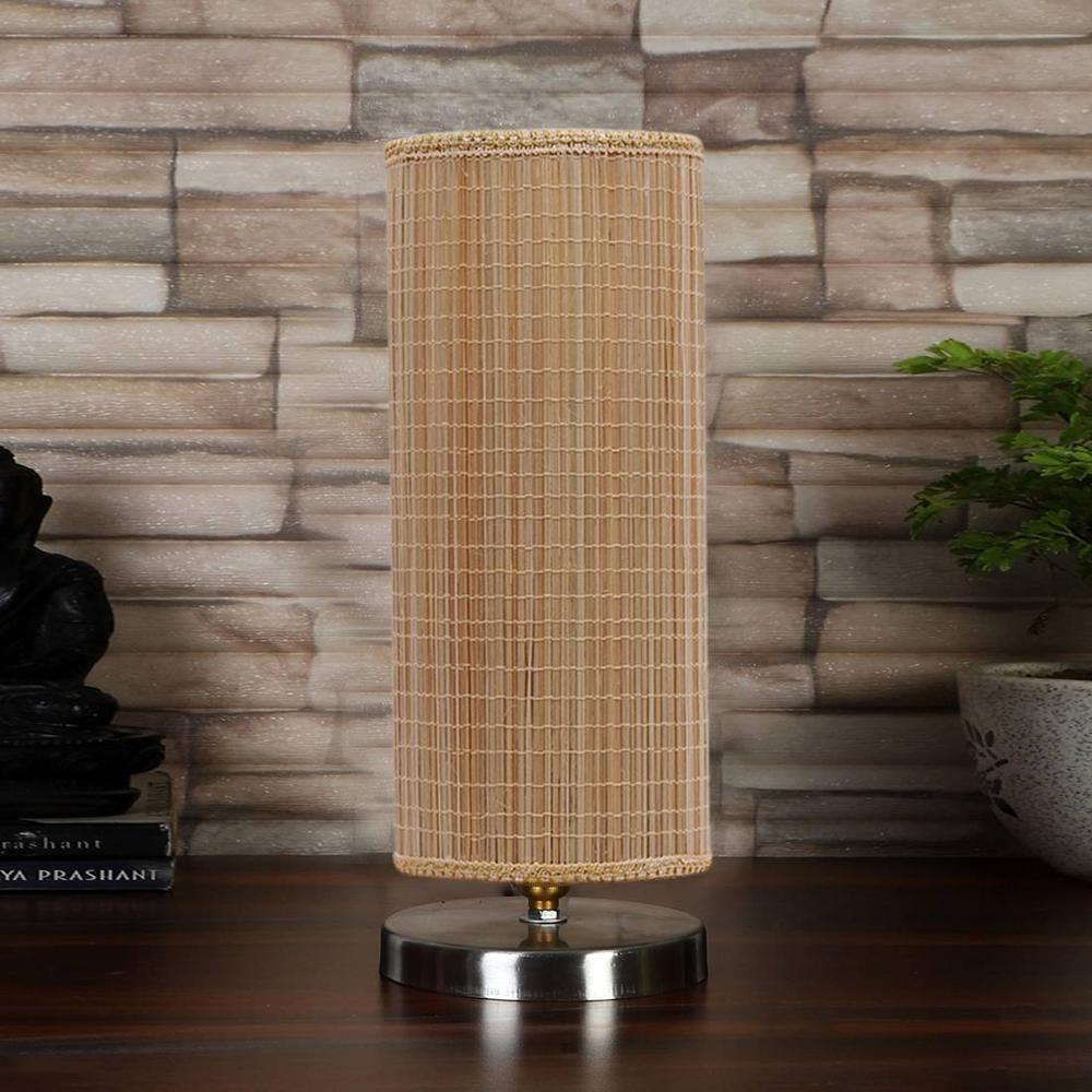 Round Cylindrical Bamboo Table Lamp with Steel Base