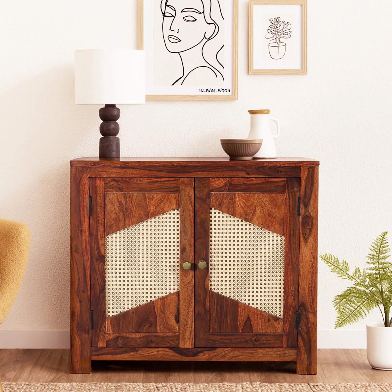 Sheesham Wood 2 Door Sideboard in Honey Oak Finish