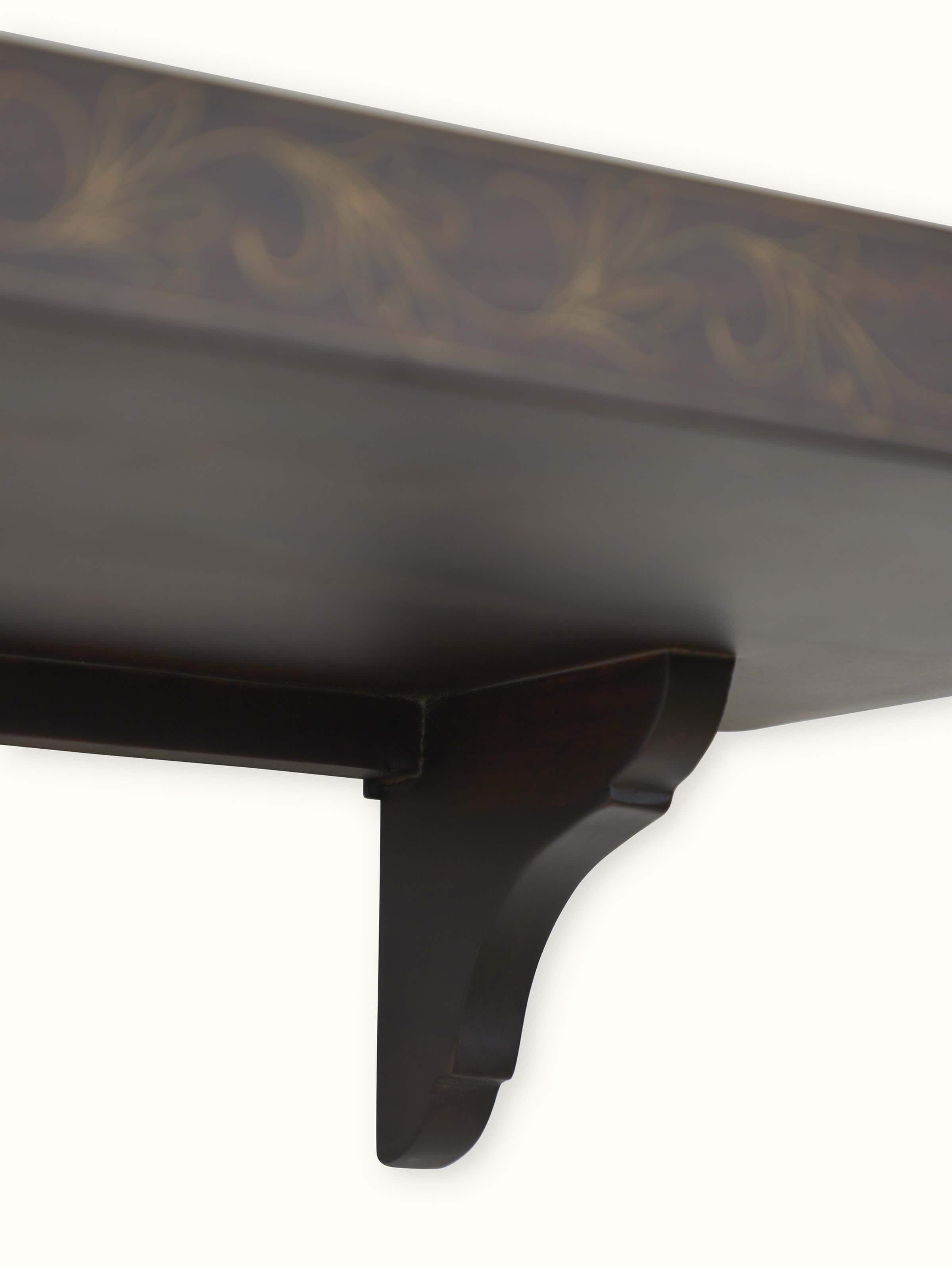 Close-up view of Sheesham Wood & Brass Tarkashi Rectangular Wall Shelf showing the fine Tarkashi brass inlay details and smooth wood finish.