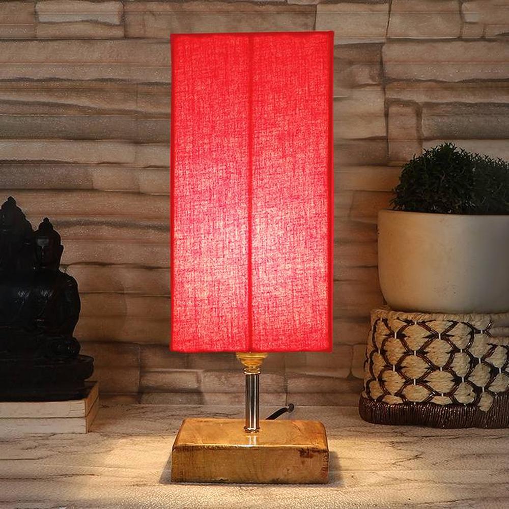 Esme Red cotton table lamp with Square Natural Wood Base