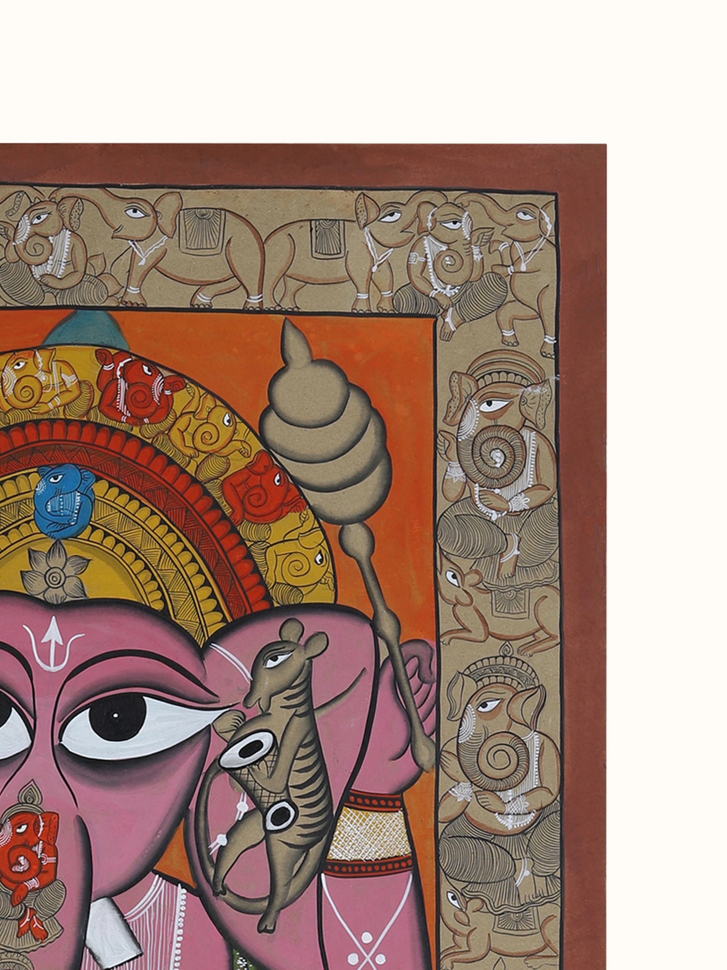 Close-up detail view of Ganesha Kalighat folk art painting texture
