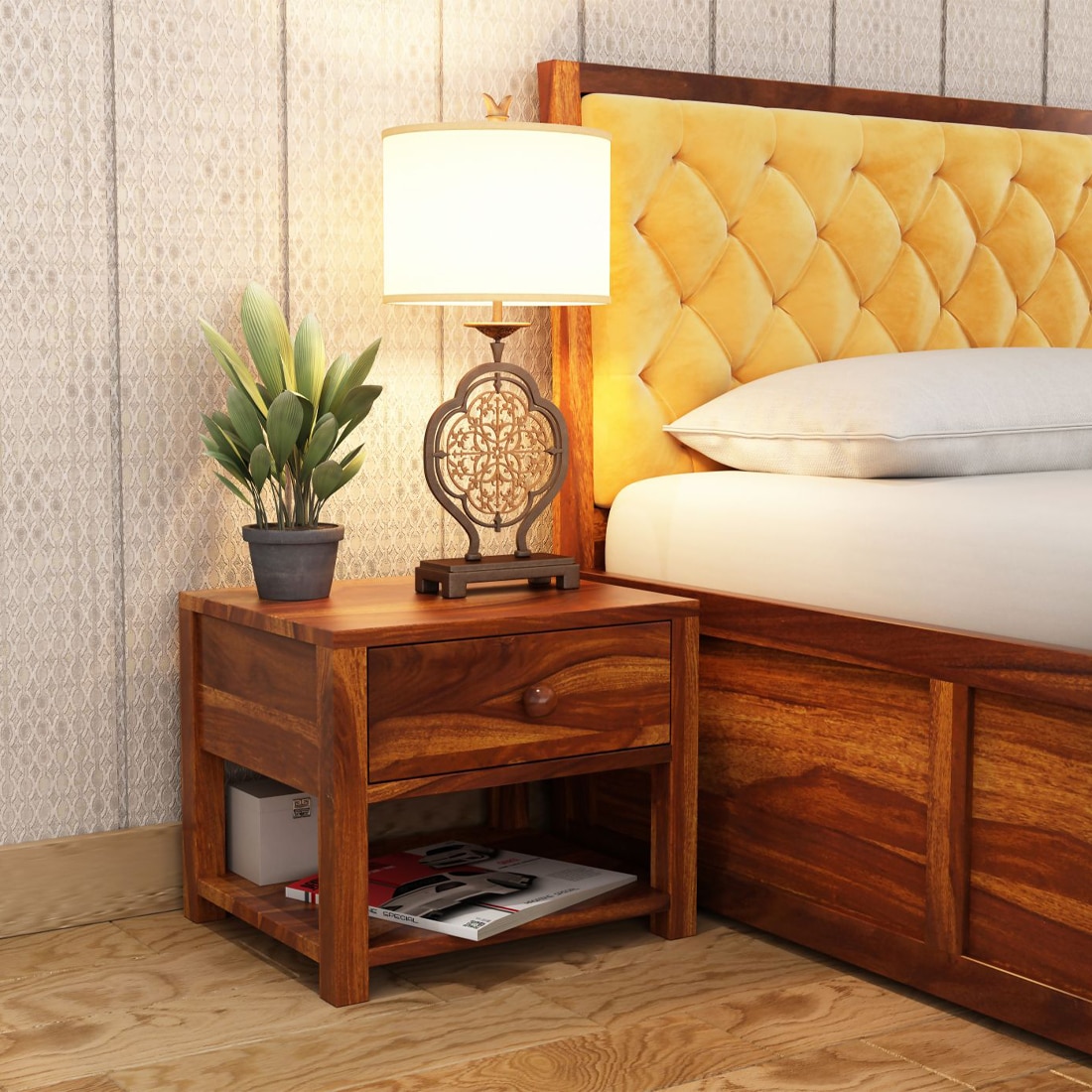 Chinku Solid Wood Bedside Table in Honey Finish - Woodenmood