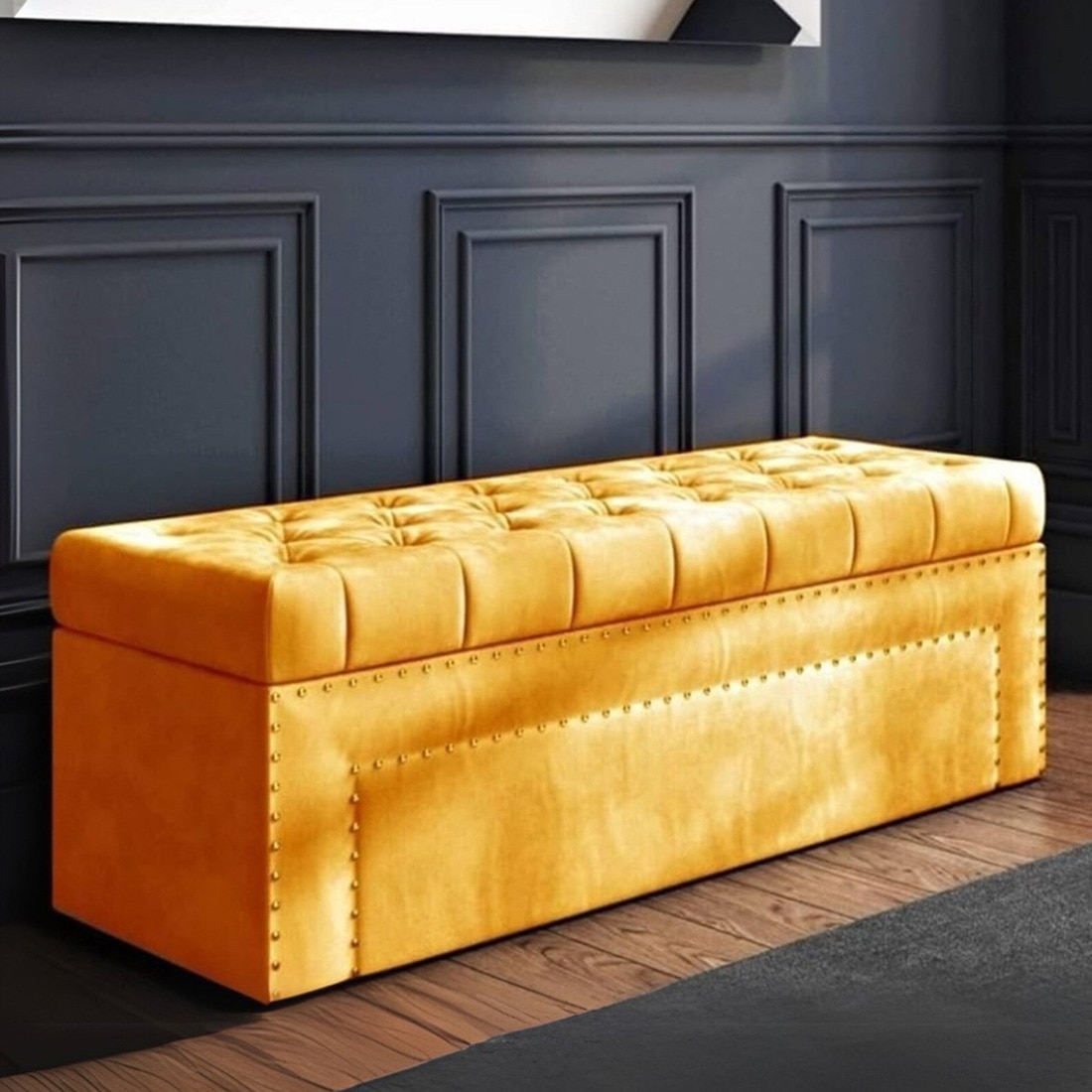 Edin Velvet 2 Seater Upholstered Bench with Storage Yellow Colour