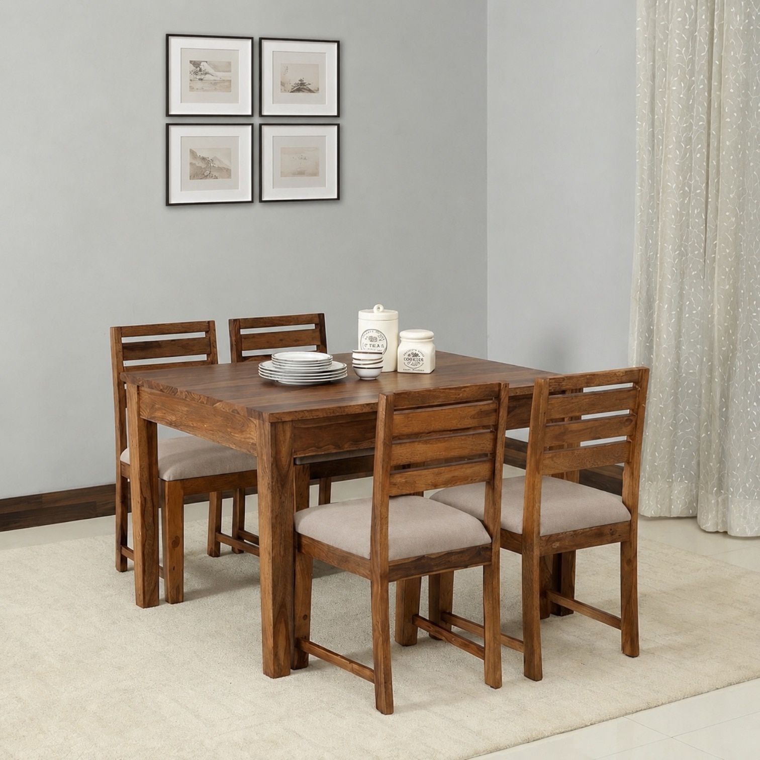 Arbor 4 Seater Dining Set with Cushioned Chairs in Beige Colour - Interior Valley