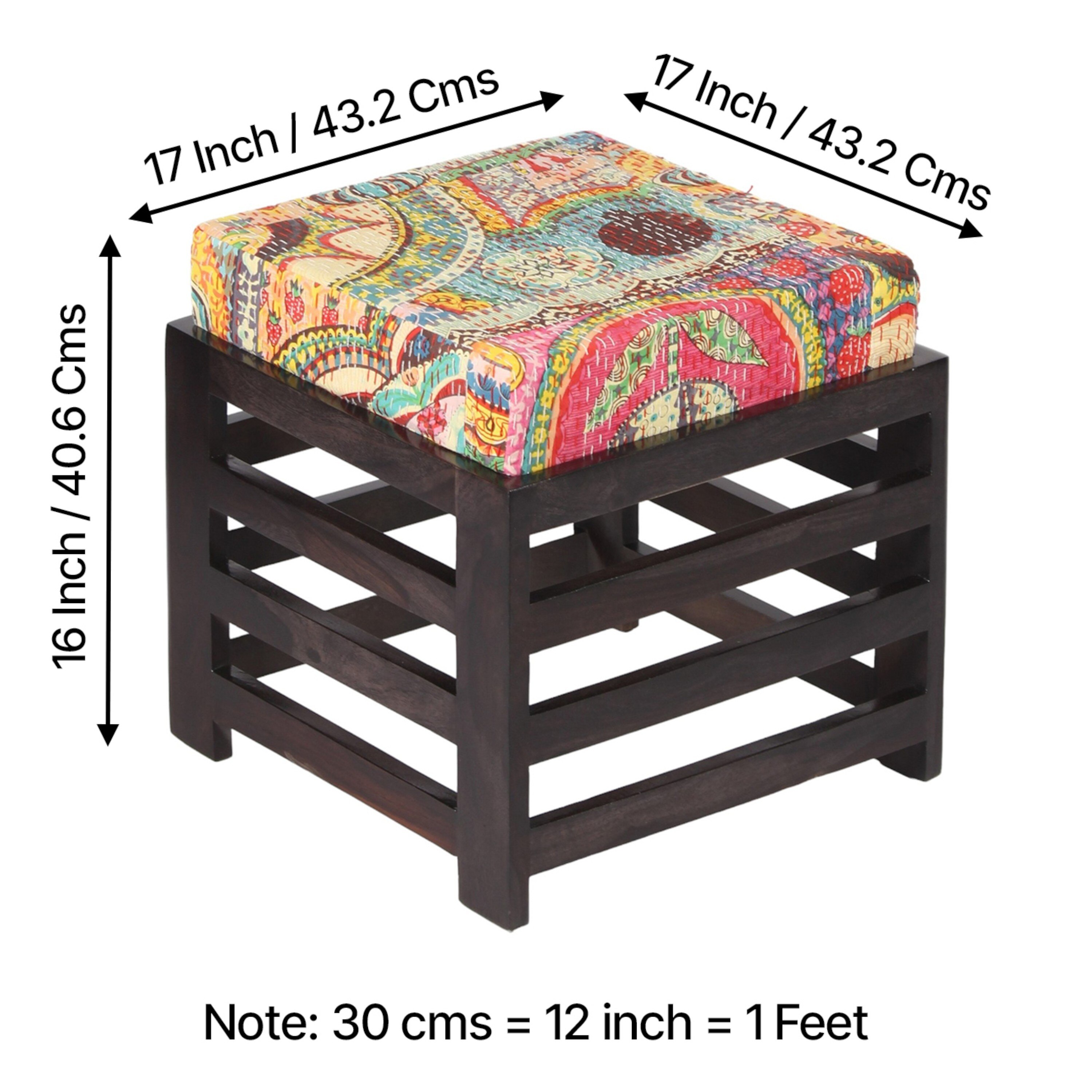 Houston Sheesham Wood Stool in Mahogany Finish & Multi Colour Israel Print Kantha fabric Cushion