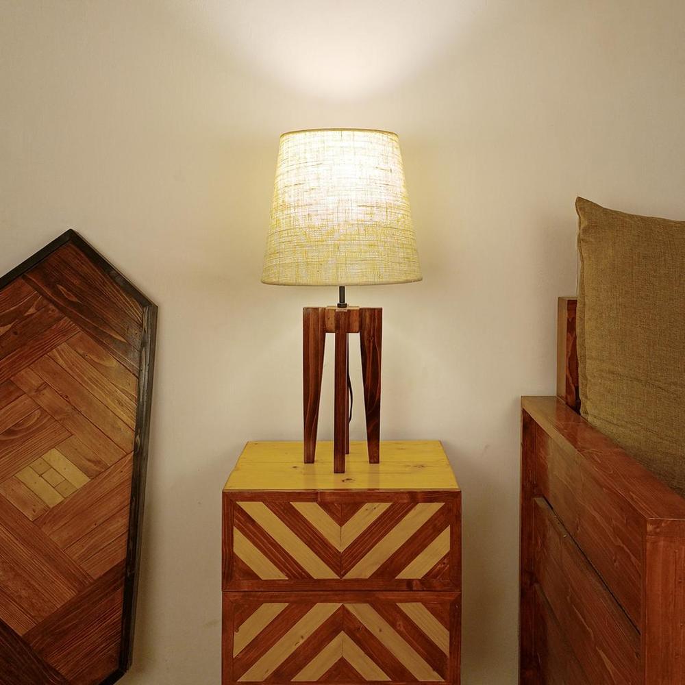 Jet Brown Wooden Table Lamp with White Fabric Lampshade - Symplify
