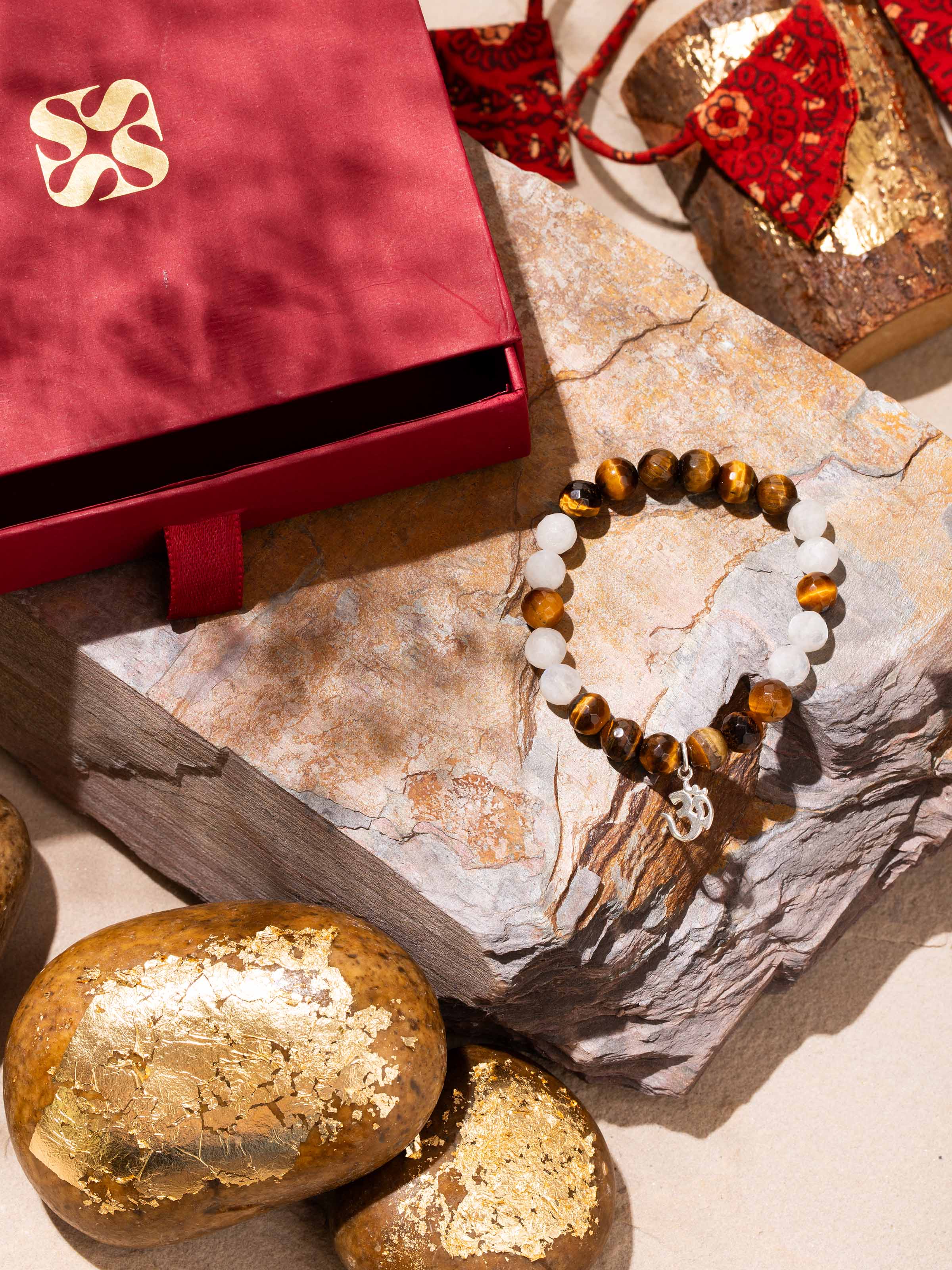 Close-up of Tiger Eye & White Moonstone Bracelet highlighting the chatoyancy of tiger eye and soft glow of moonstone
