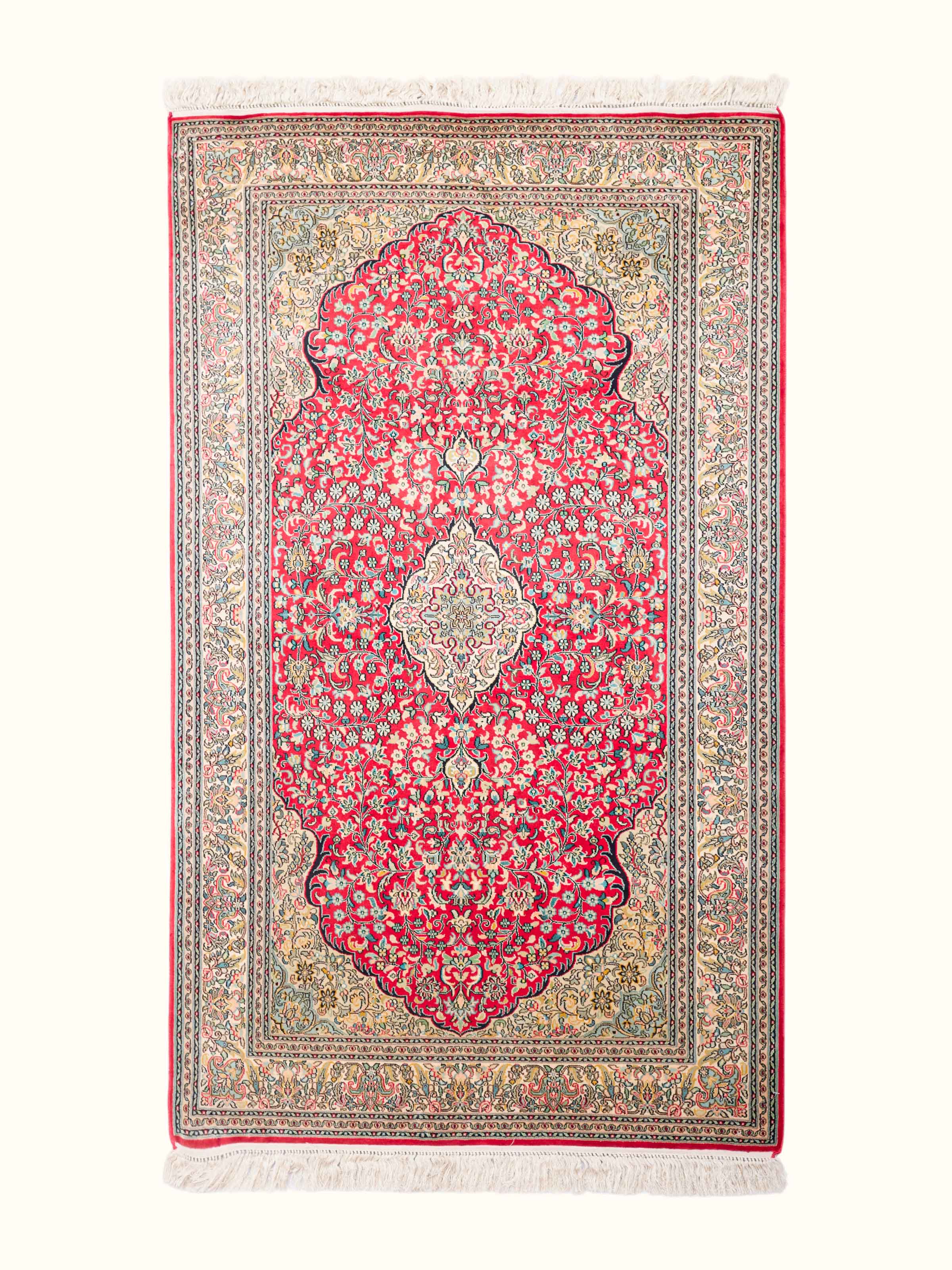 Traditional Persian Red Ivory Kashan Kashmir Silk Hand-Knotted Carpet