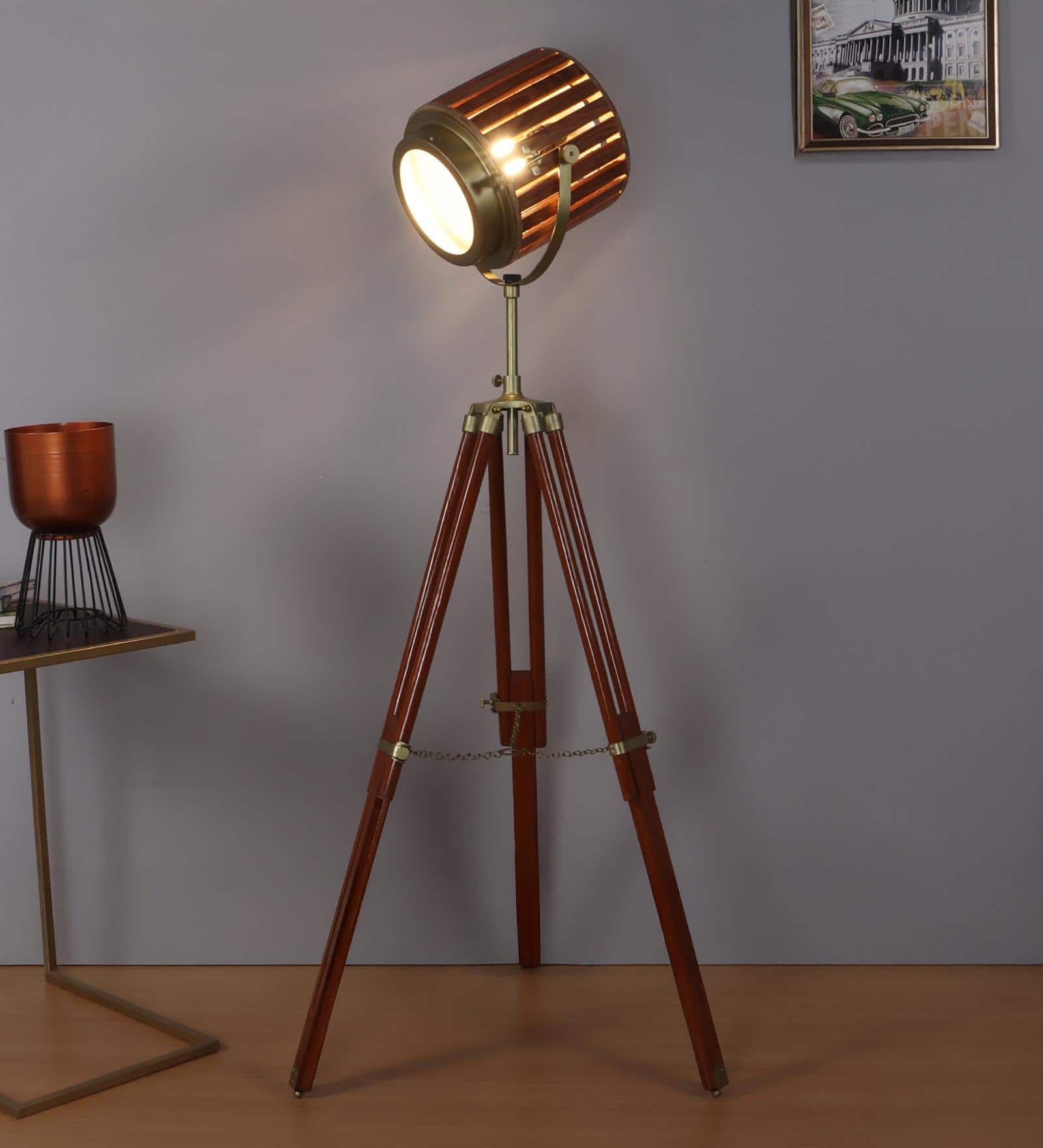 Wooden Spot Light Floor Lamp in Brown Shade
