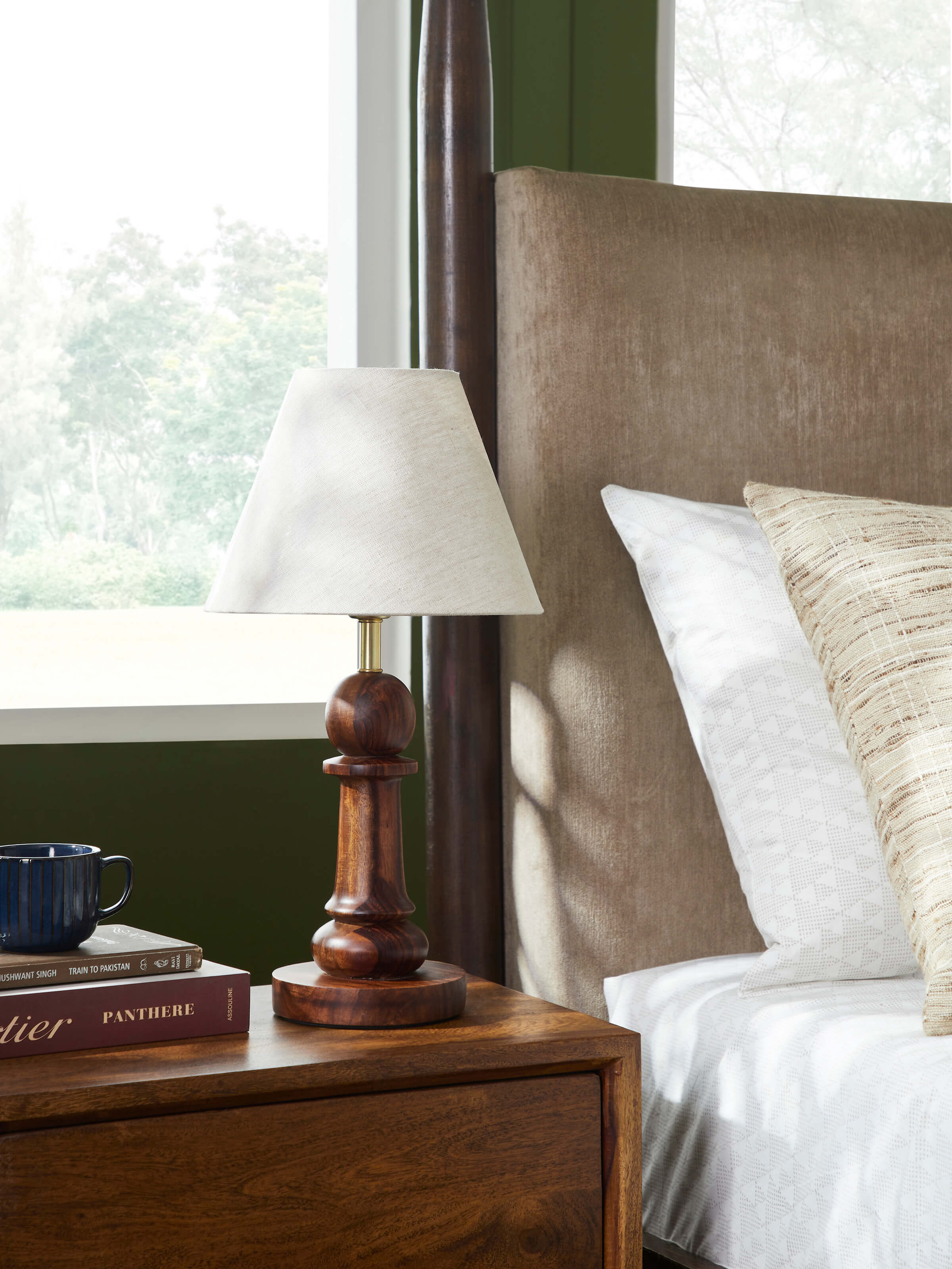 Front view of Wooden Console Lamp with White Cotton Fabric Shade by Swadesh featuring an elegant wooden base and soft white shade.