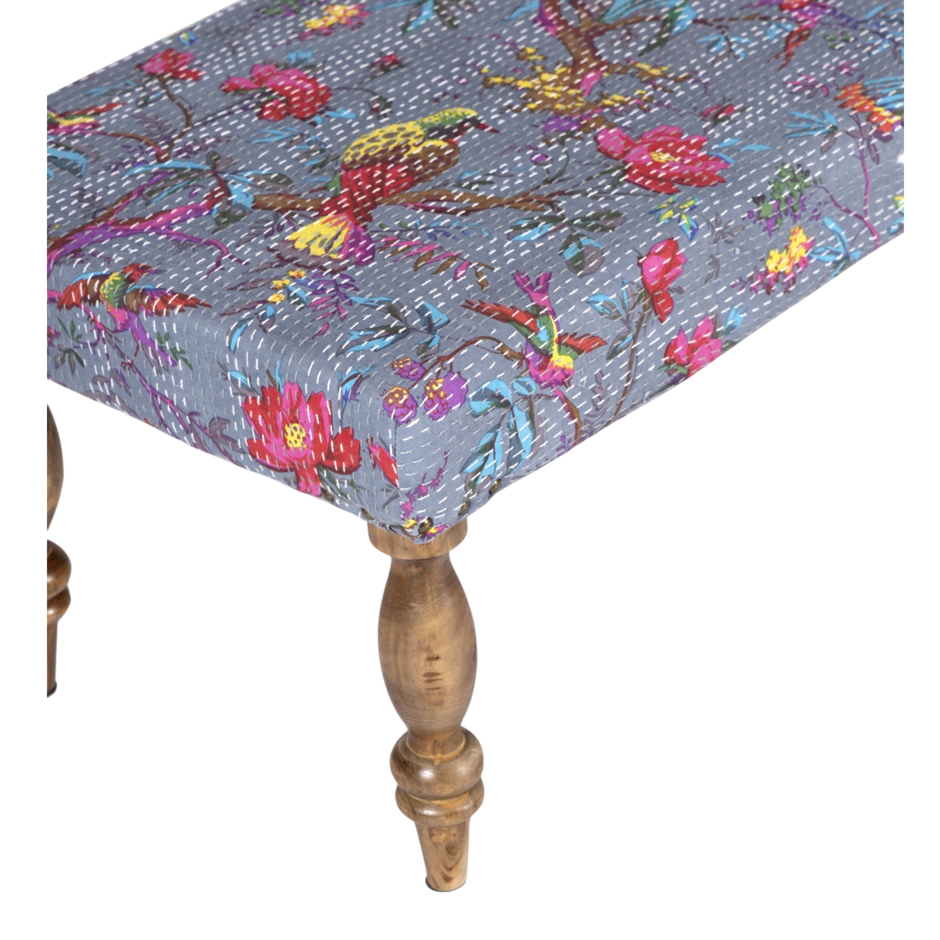 Bestone Sheesham Wood Mid Century 2+1+1 Seater Bench Set With 2 Stools In Grey Brid Print Kantha