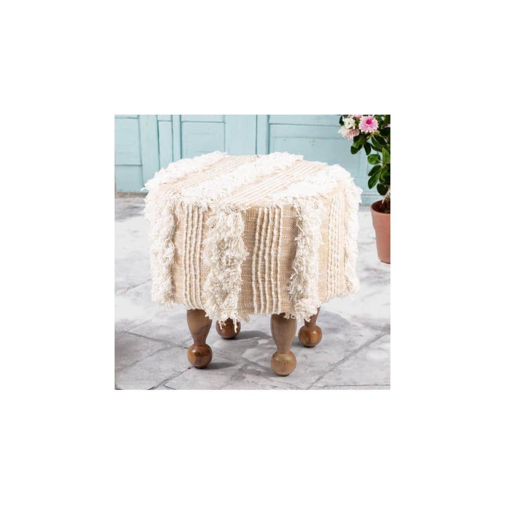 Louisville Acacia Wood Mid Century Round Pouf Stool in Beige Fabric