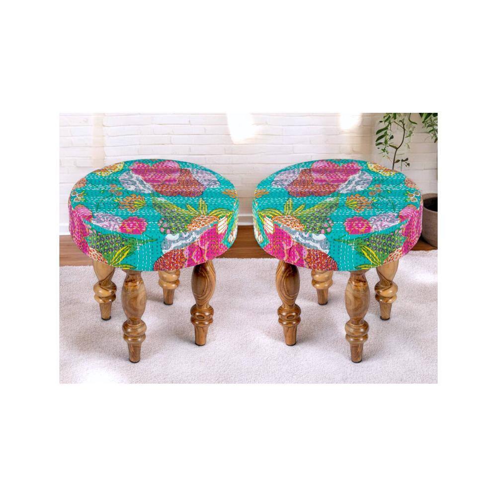 Roswell Sheesham Wood Mid Century Round Set of 2 Stools in Sea Green Fruit Print Kantha Upholstery