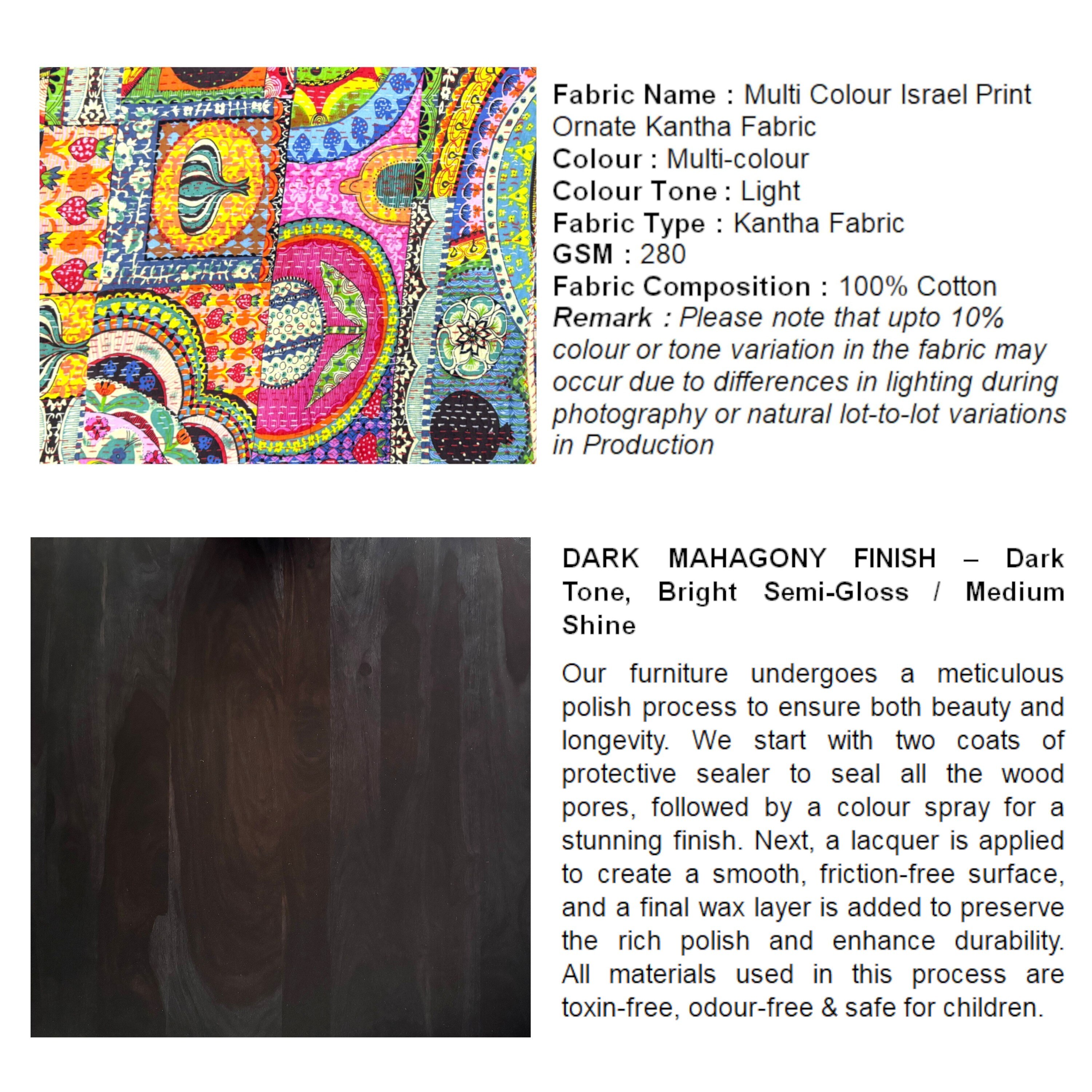 Houston Sheesham Wood Stool in Mahogany Finish & Multi Colour Israel Print Kantha fabric Cushion