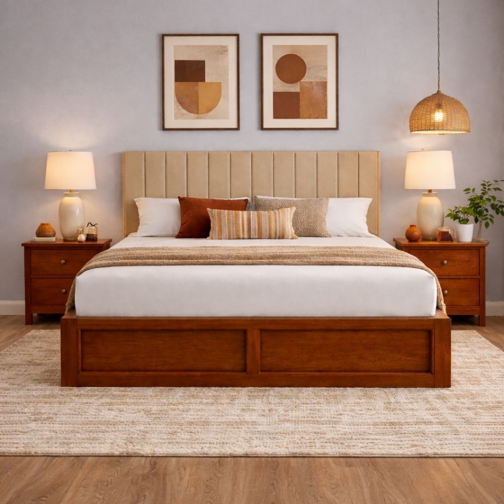 Zyra Solid Wood Queen Size Upholstered Bed With Hydraulic Storage (Provincial Teak Finish, Beige Colour)