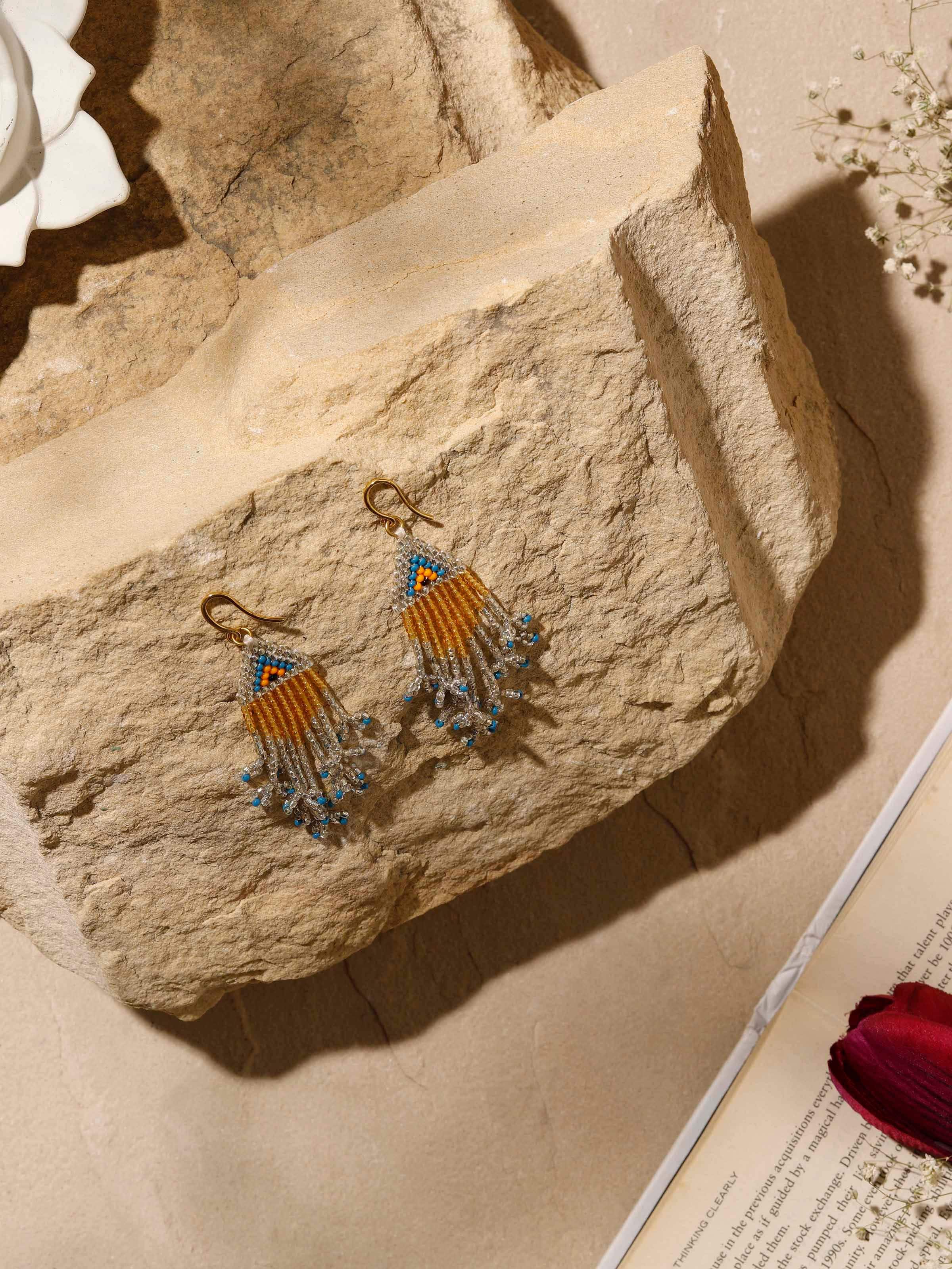 Side view of Glass Bead Drop Earrings highlighting the vibrant glass beads and detailed craftsmanship by Swadesh