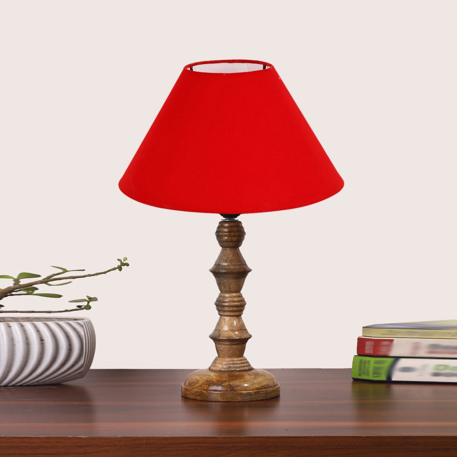 Devansh Red Cotton Table Lamp With  Wood Natural Base (10X10X16) Inches)-29 - Devansh