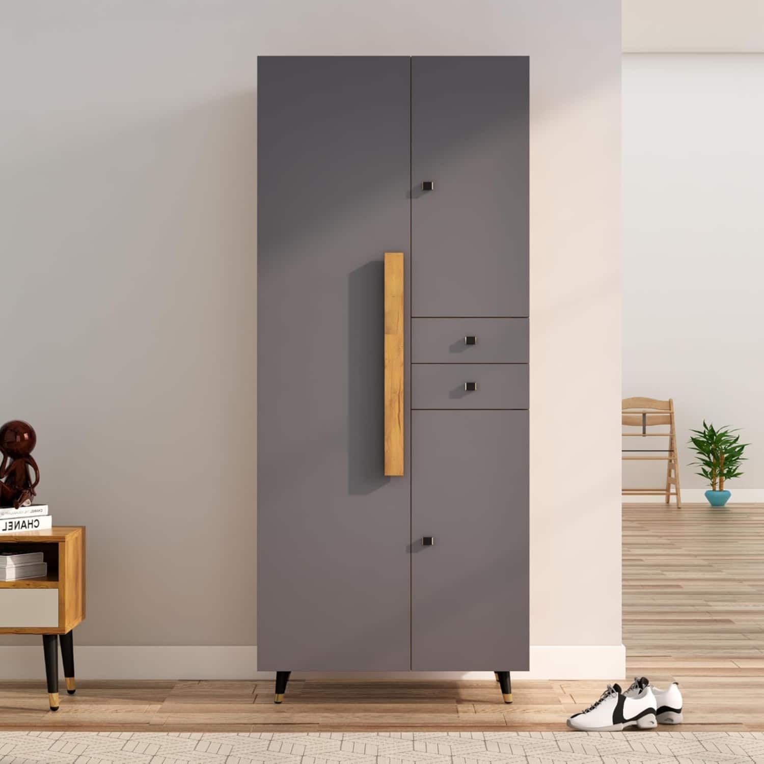 Hexa Red Wooden 2 Door Wardrobe with Drawer and Hanging Space in Giant Wood and Slate Grey Colour - HexaRed