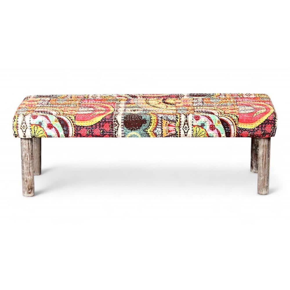 Asteria Solid Wood 2 Seater Bench Set With 2 Stools In Multi Colour Israel Print Kantha Fabric