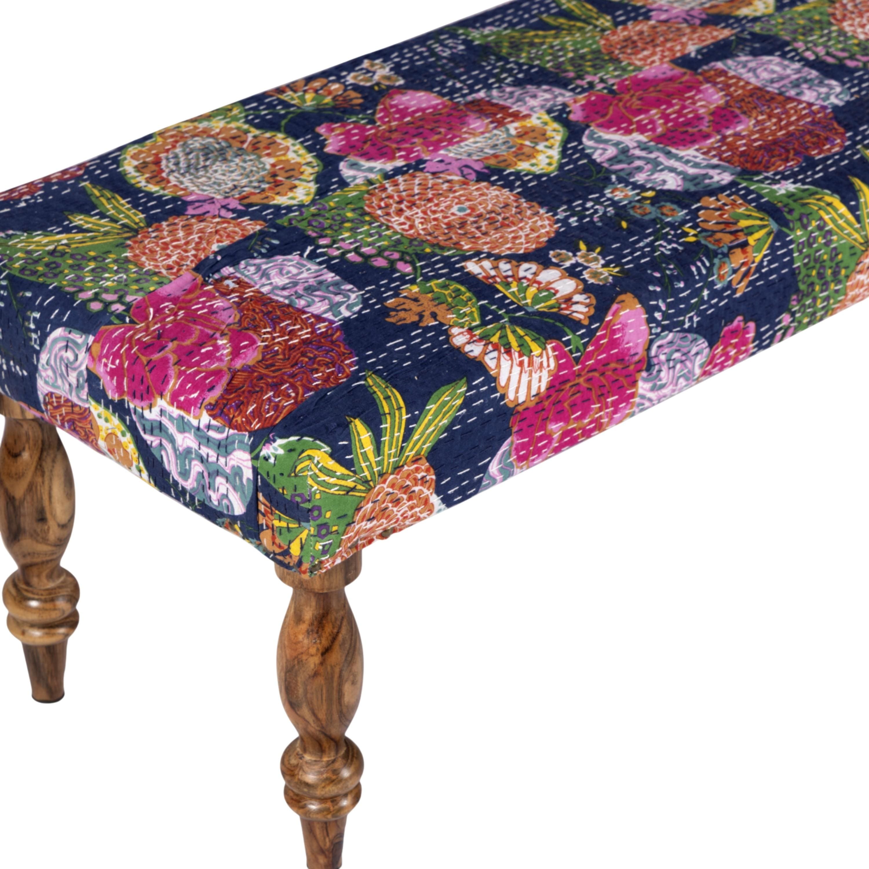Cairo Sheesham Wood Mid Century Seater Bench Set  2 Stools In Fruit Print Blue Kantha
