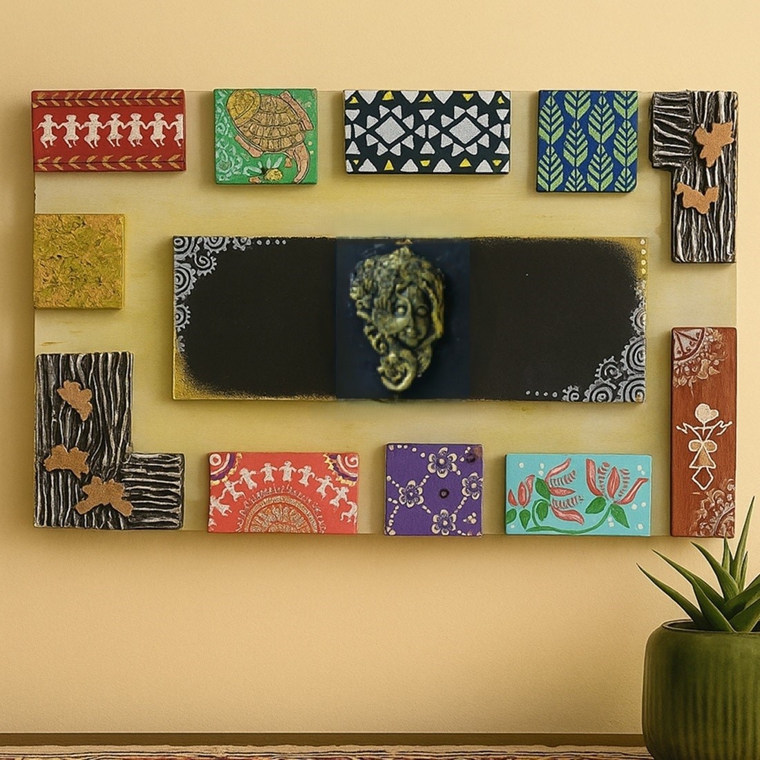 Multi Color Wooden Wall Art Panel with hand made God's idol Cone Art Work of Marble Dust and Clay - Disoo Fashions