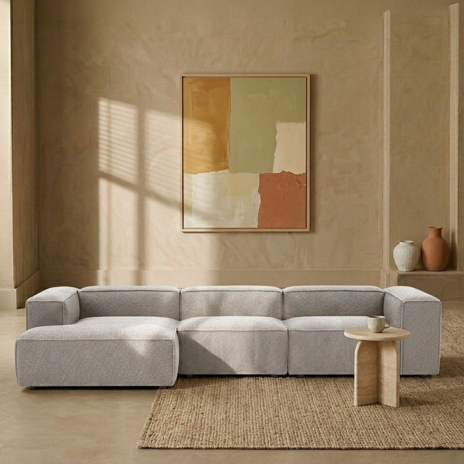 Elegantedge Wood Right Aligned 3-Seater With Upholstery Non Storage Sofas In Grey Colour