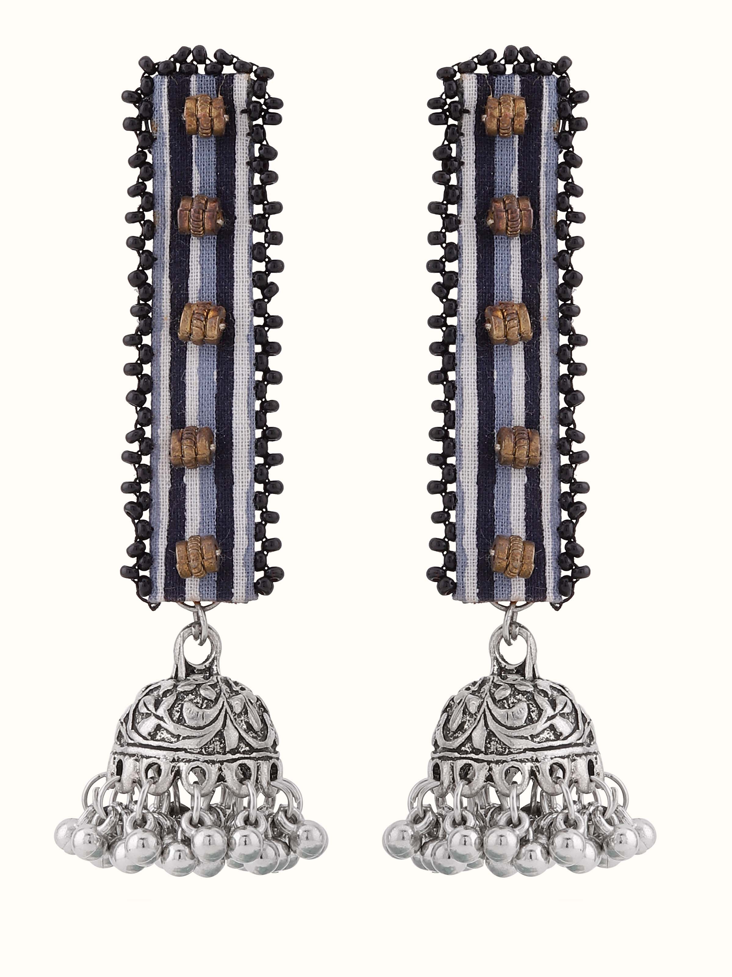 Front view of Ajrakh Drop Earrings featuring traditional patterns by Swadesh