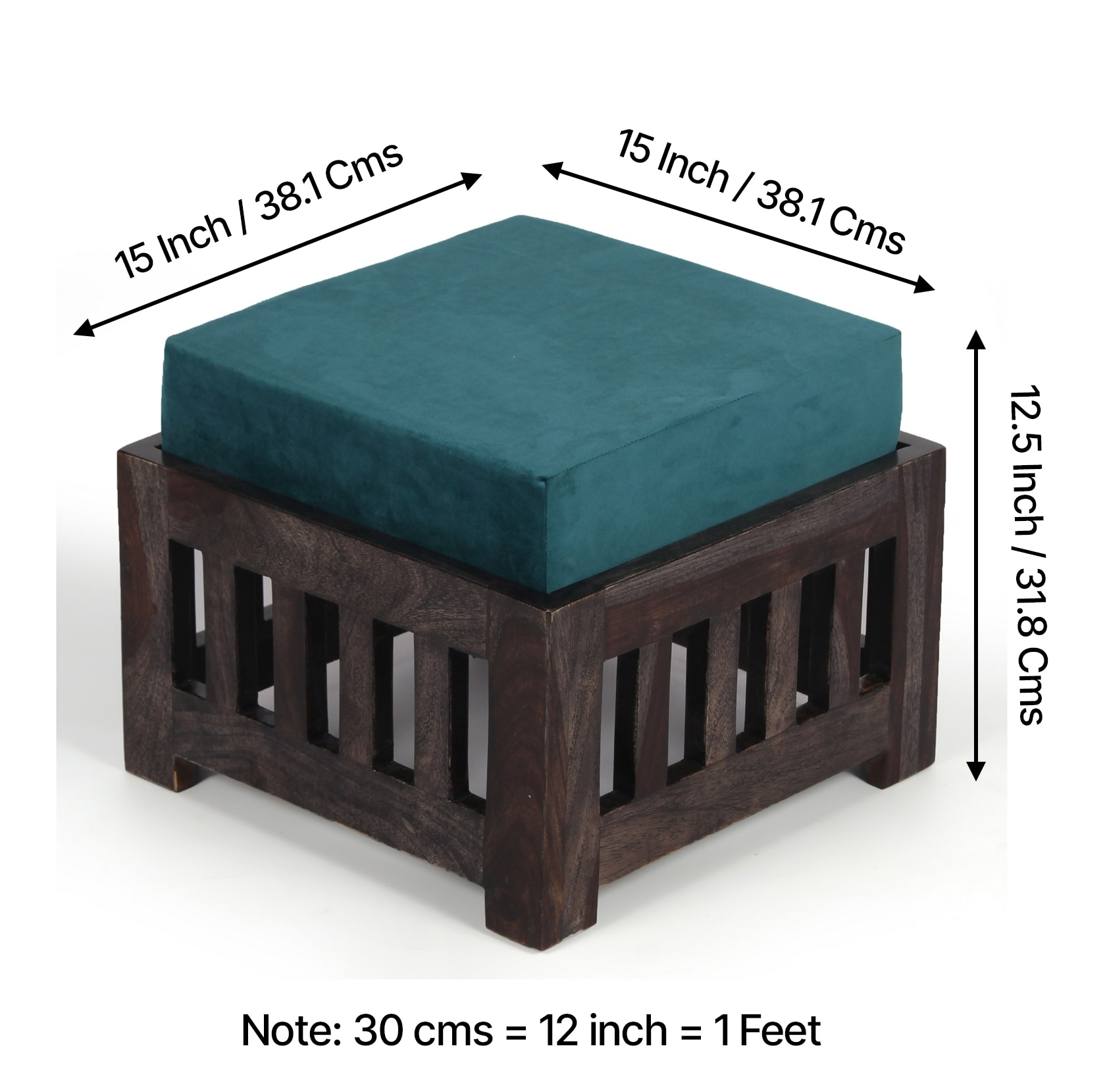 Palladio Sheesham Wood Coffee Table With 4 Stools Set In Mahogany Finish & Turquoise Sea Velvet Fabric Cushions