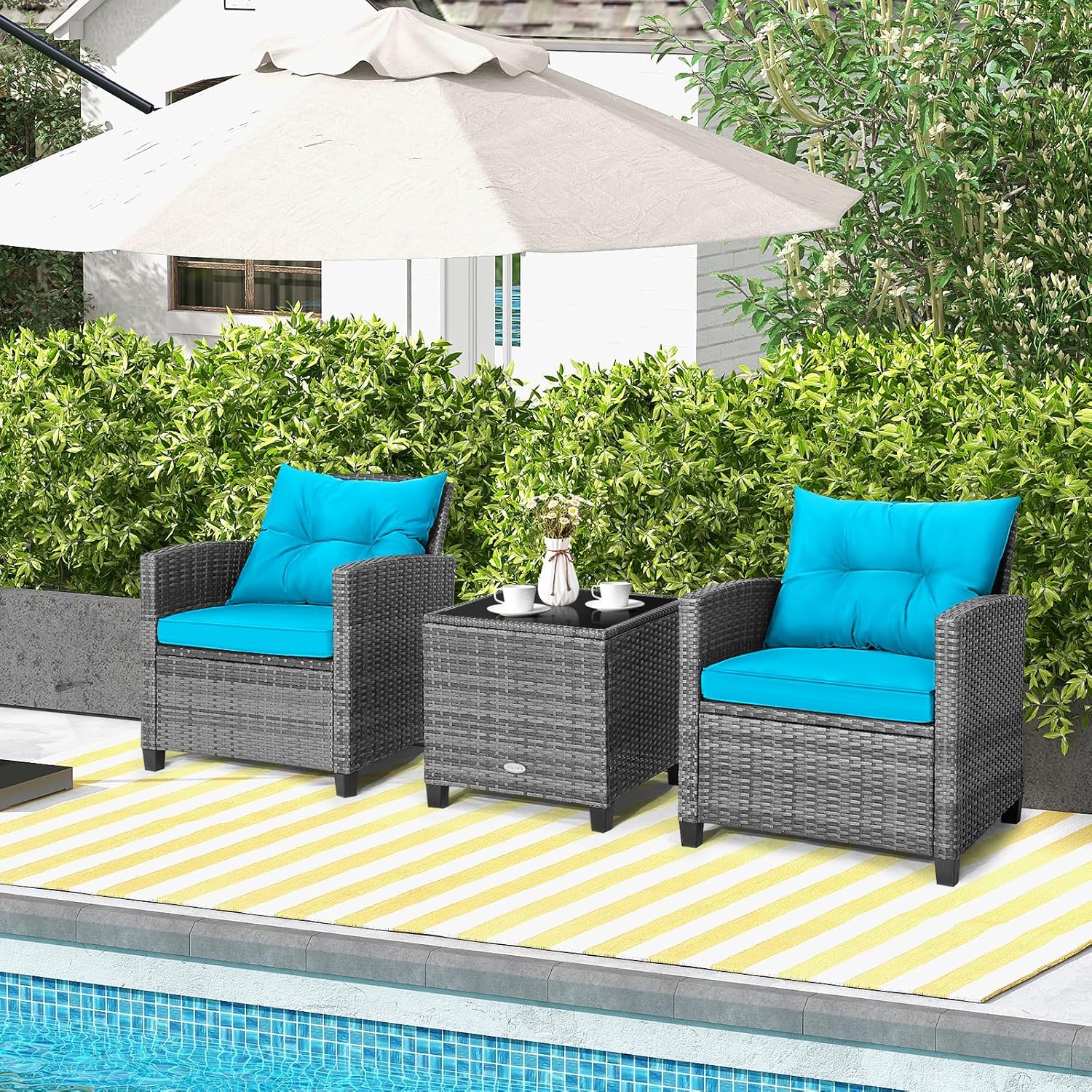 Carry Bird Wicker Patio Furniture Outdoor Balcony Chairs In Grey And Sky Blue Colour