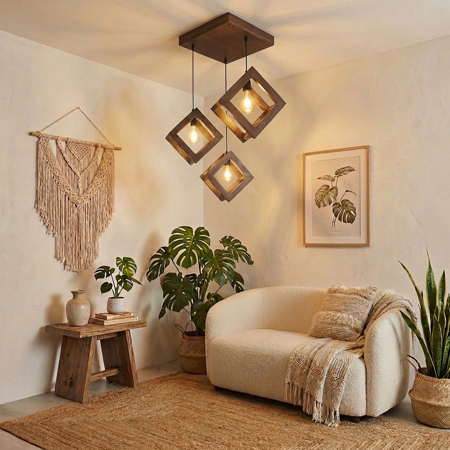 Rhombus Brown Solid Wood Cluster Hanging Light