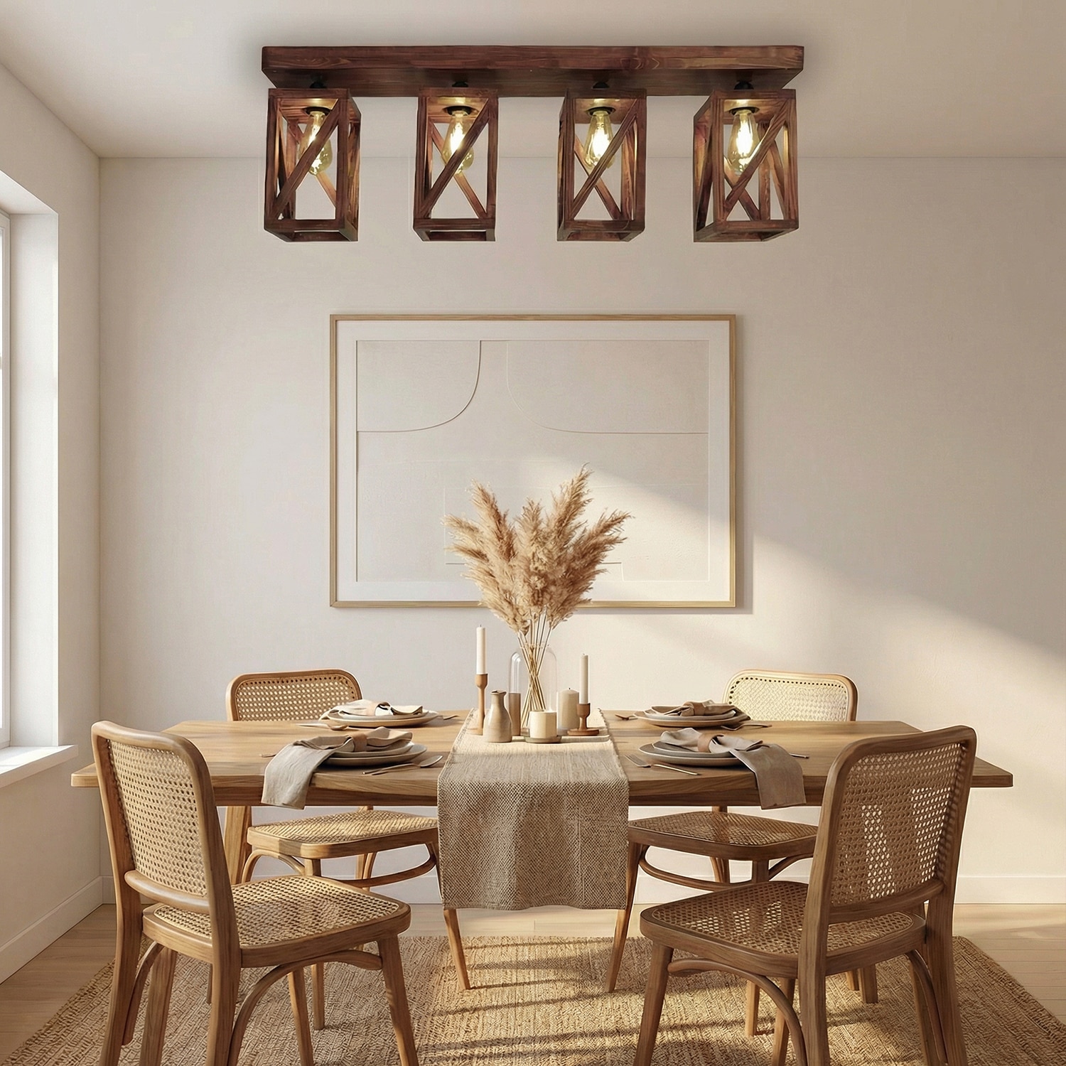 Symmetric Brown Solid Wood Ceiling Light