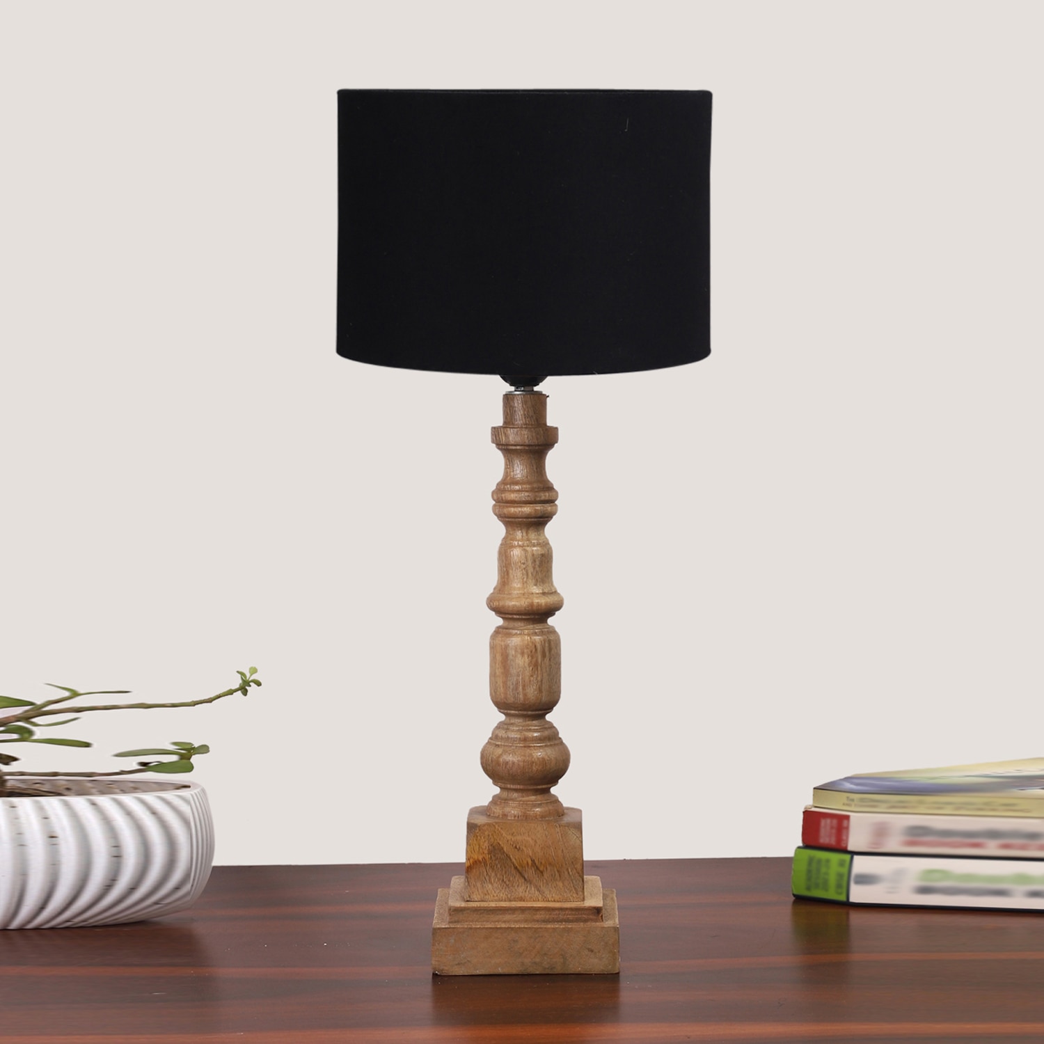 Devansh Black Cotton Table Lamp With Wood Natural Base (7X7X21.25 Inches)-3