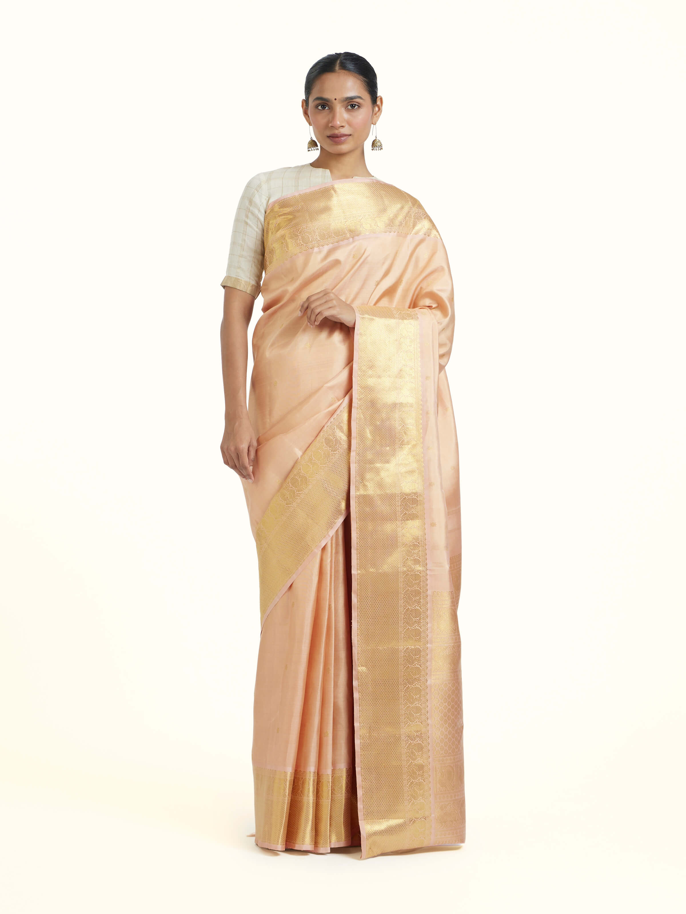 Peach Kancheepuram Silk Sari Zari Saree
