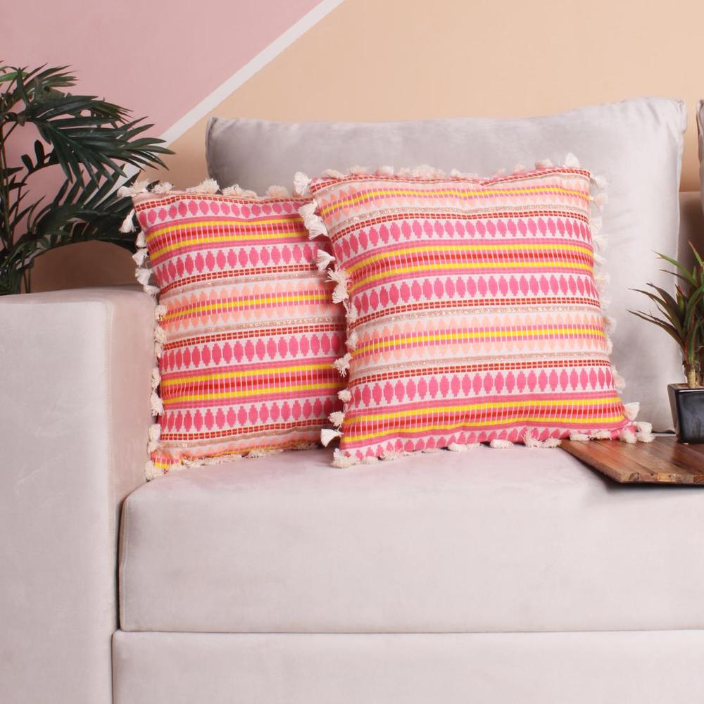 Acrylic Striped Cushion Cover with Lace Set of 2 (24 X 24 Inches)