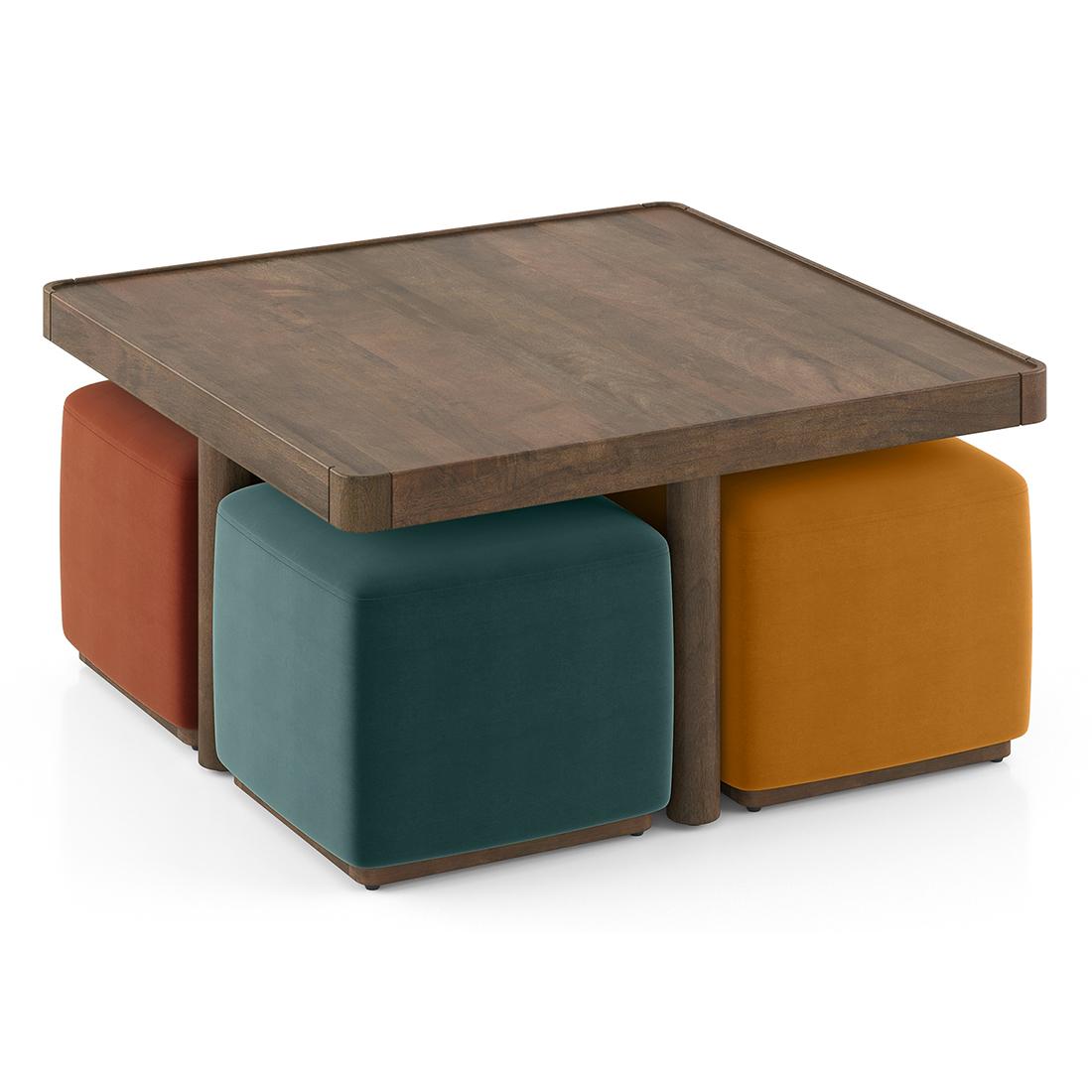 Tetra Square Solid Wood Coffee Table With Seats In Danish Walnut Finish In Multicolour Fabric